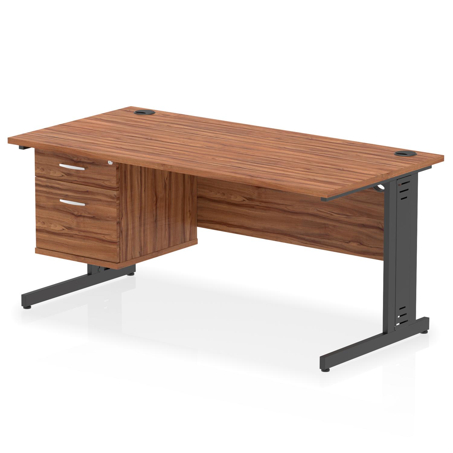 Impulse 1600 x 800mm Straight Office Desk Walnut Top Black Cable Managed Leg Workstation 1 x 2 Drawer Fixed Pedestal