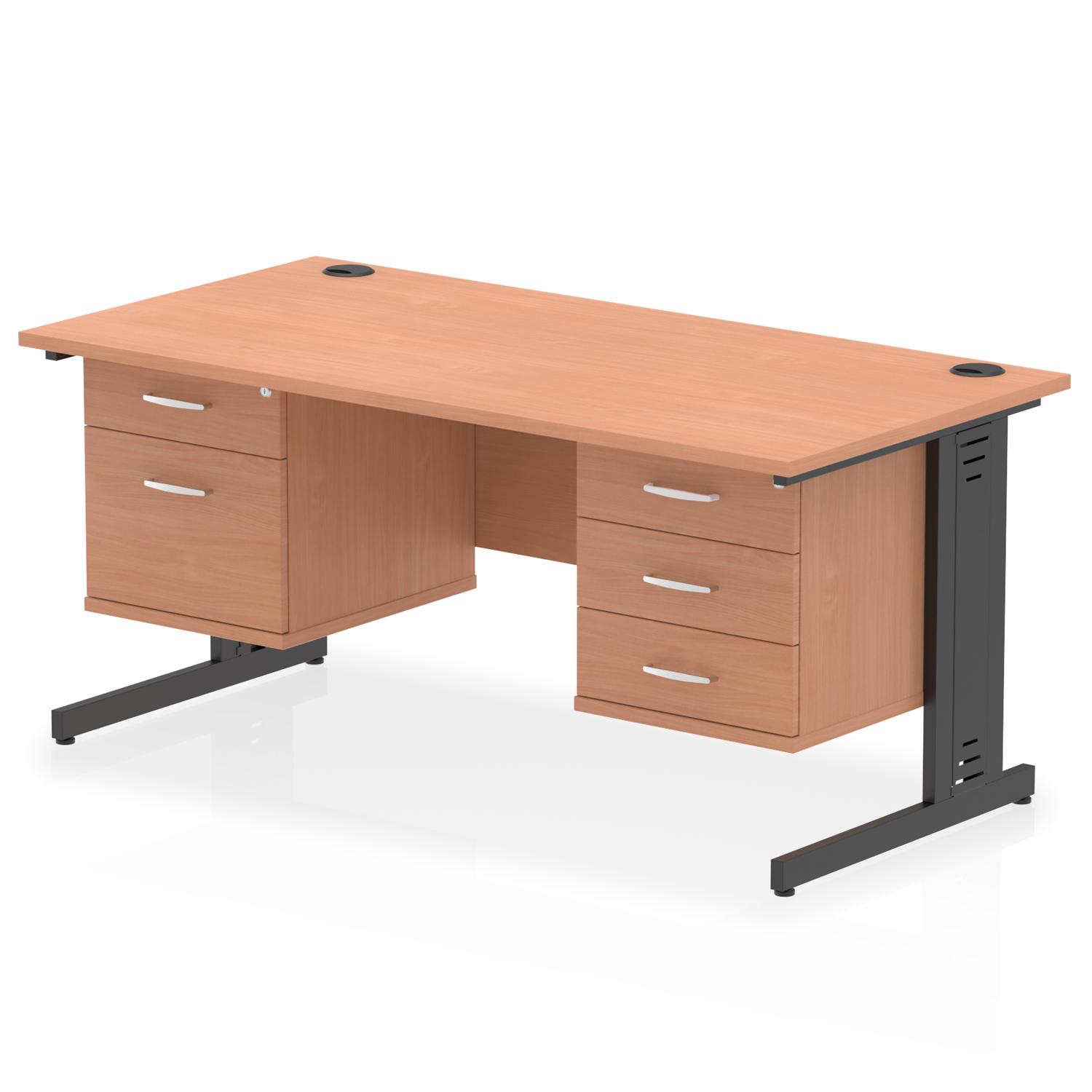 Impulse 1600 x 800mm Straight Office Desk Beech Top Black Cable Managed Leg Workstation 1 x 2 Drawer 1 x 3 Drawer Fixed Pedestal