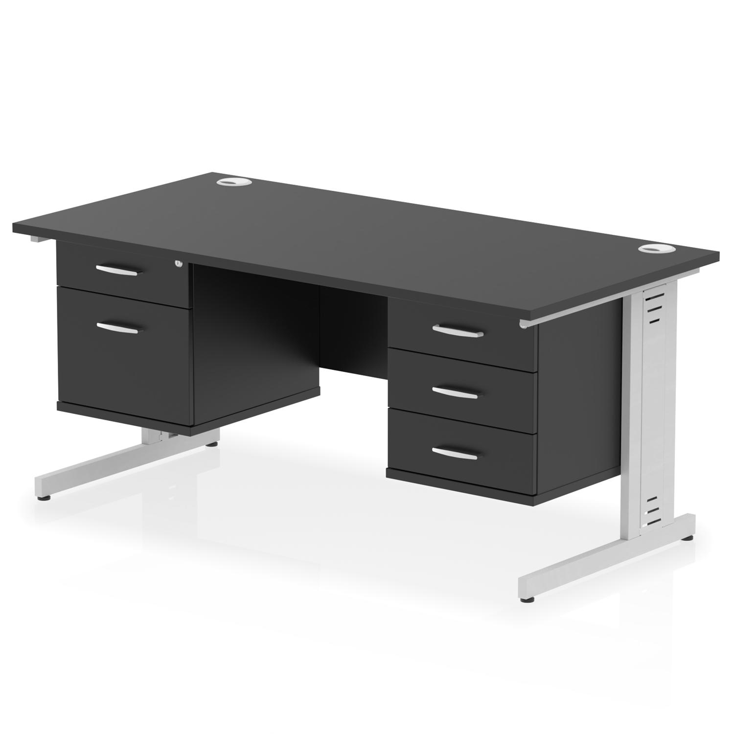 Impulse 1600 x 800mm Straight Office Desk Black Top Silver Cable Managed Leg Workstation 1 x 2 Drawer 1 x 3 Drawer Fixed Pedestal