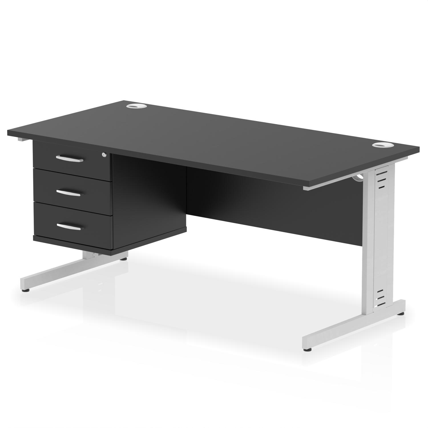 Impulse 1600 x 800mm Straight Office Desk Black Top Silver Cable Managed Leg Workstation 1 x 3 Drawer Fixed Pedestal