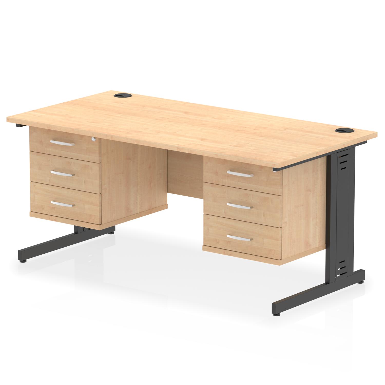 Impulse 1600 x 800mm Straight Office Desk Maple Top Black Cable Managed Leg Workstation 2 x 3 Drawer Fixed Pedestal