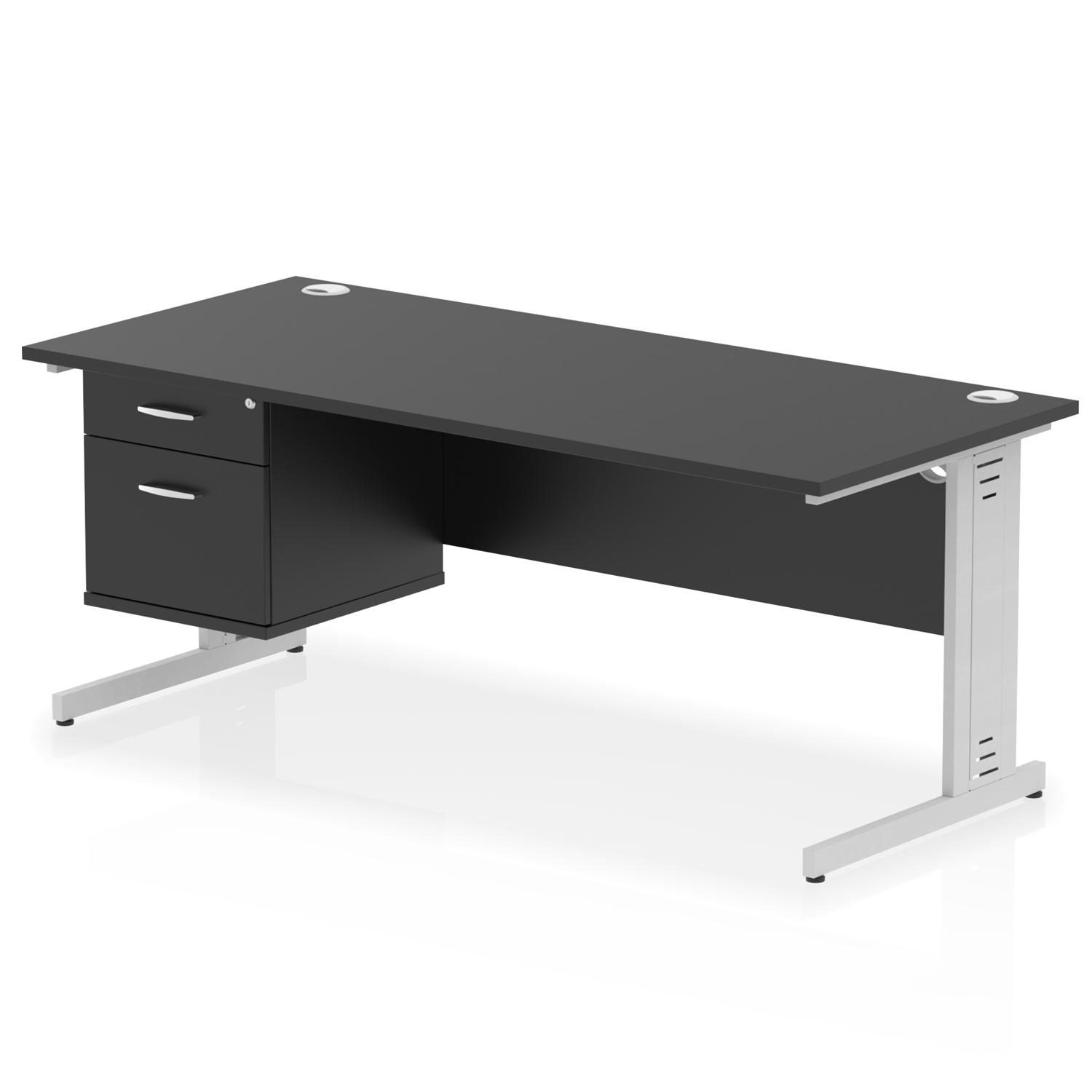 Impulse 1800 x 800mm Straight Office Desk Black Top Silver Cable Managed Leg Workstation 1 x 2 Drawer Fixed Pedestal
