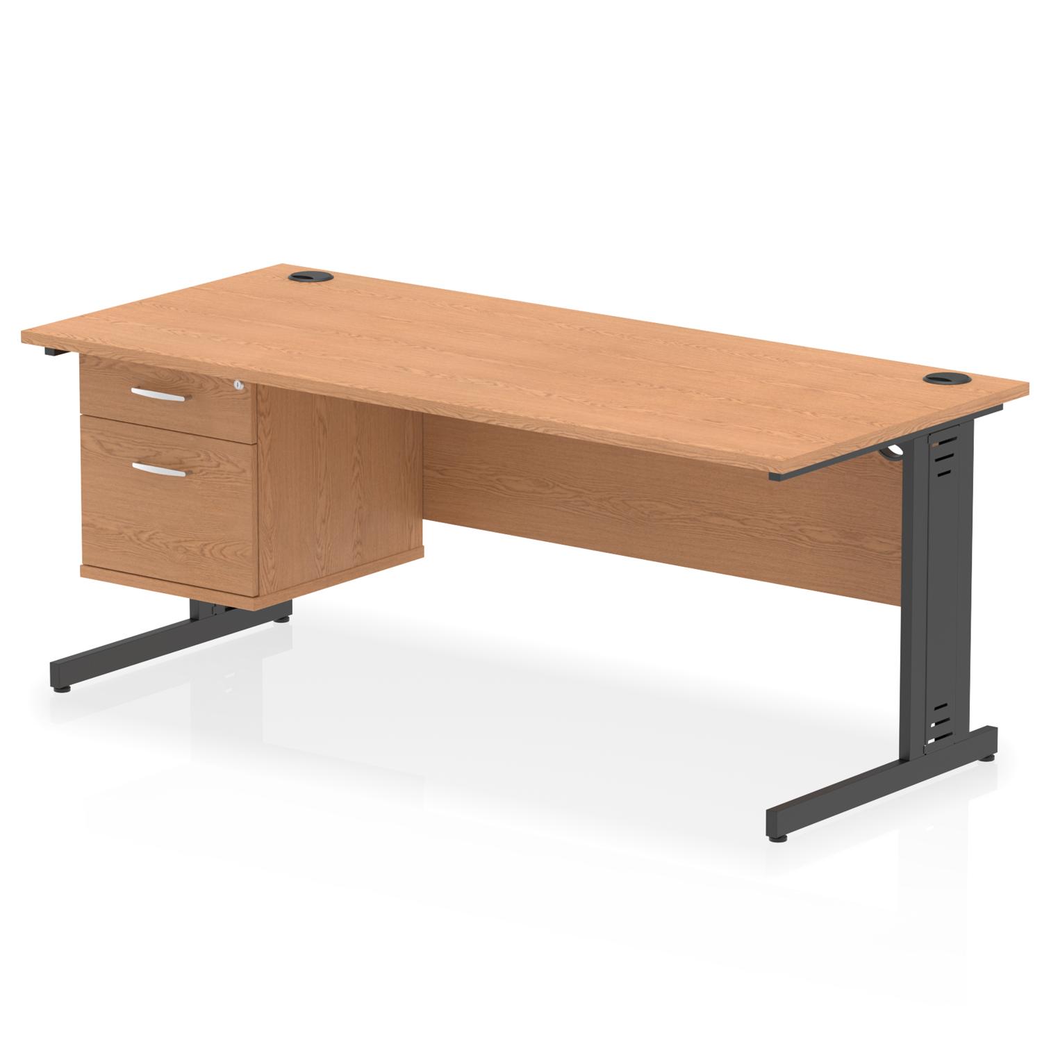 Impulse 1800 x 800mm Straight Office Desk Oak Top Black Cable Managed Leg Workstation 1 x 2 Drawer Fixed Pedestal