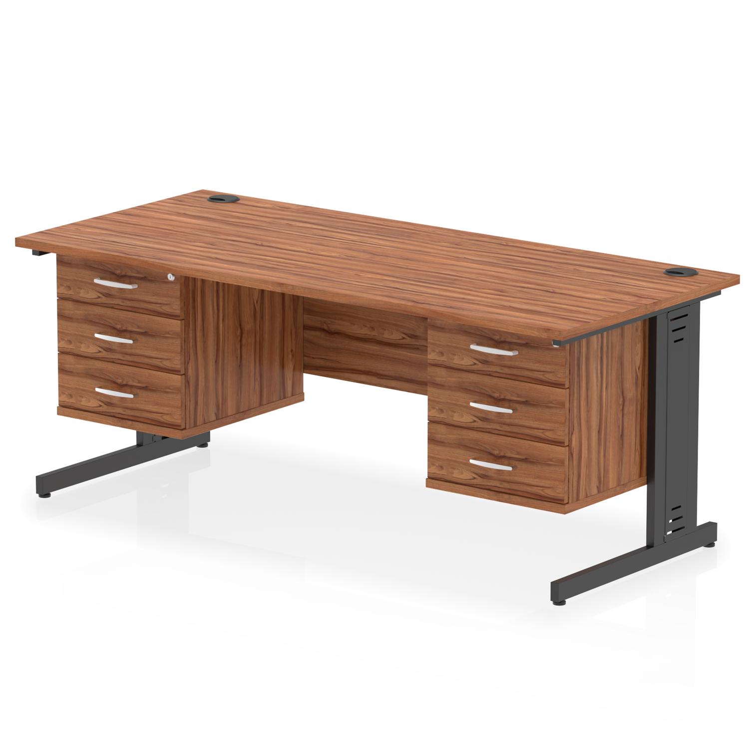 Impulse 1800 x 800mm Straight Office Desk Walnut Top Black Cable Managed Leg Workstation 2 x 3 Drawer Fixed Pedestal