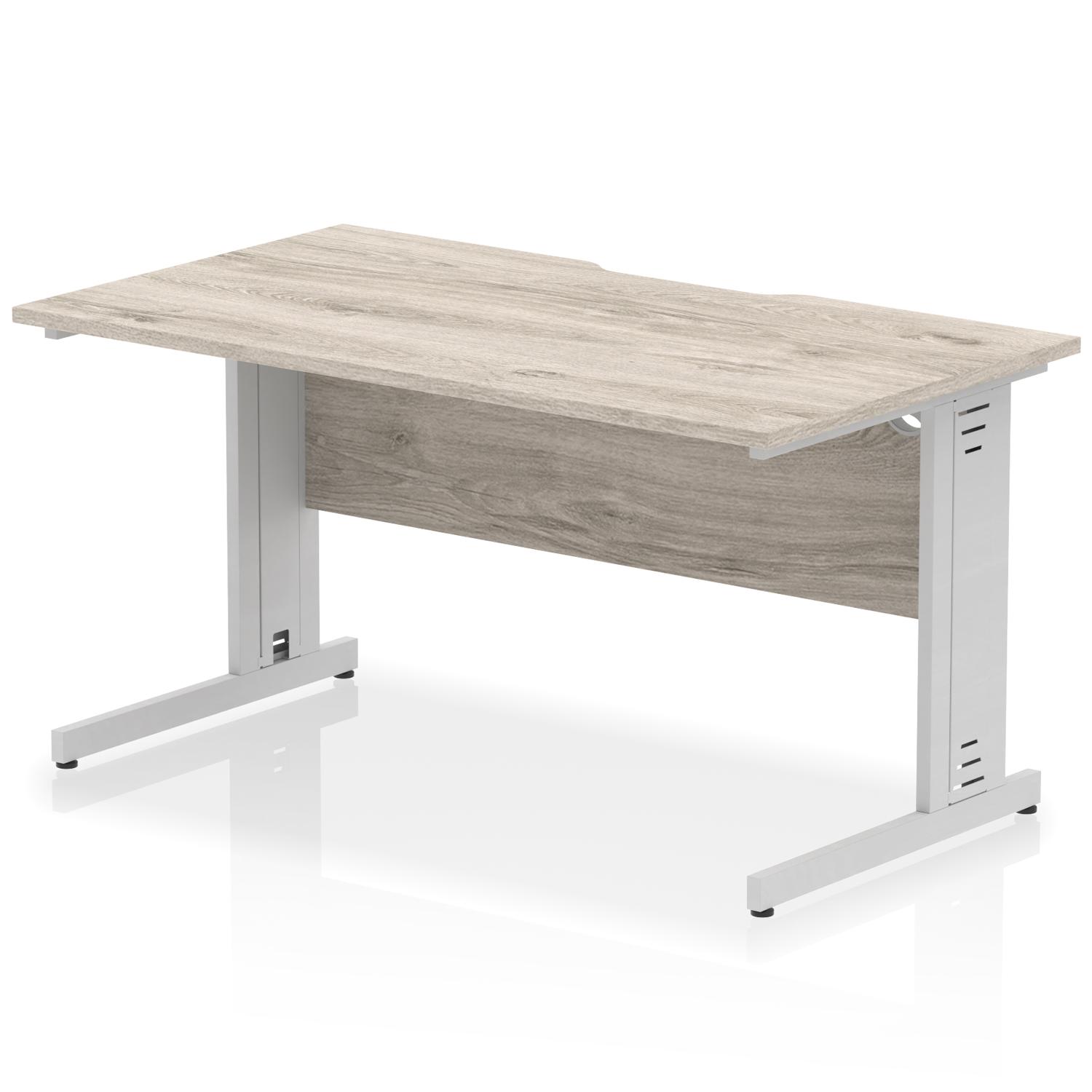 Impulse 1400 x 800mm Scalloped Edge Straight Office Desk Grey Oak Top Silver Cable Managed Leg