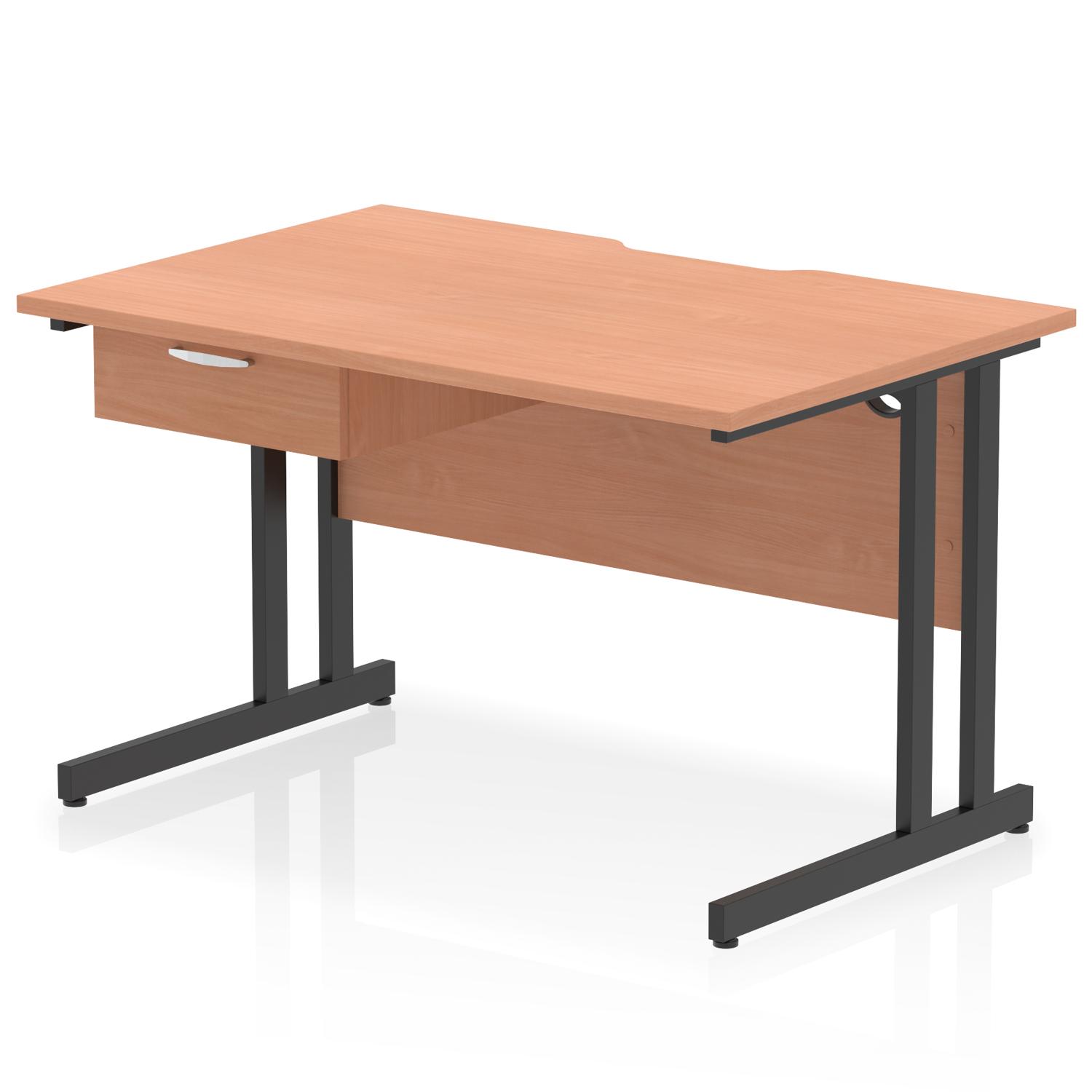 Impulse 1200 x 800mm Scalloped Edge Straight Office Desk Beech Top Black Cantilever Leg Workstation 1 x 1 Drawer Fixed Pedestal