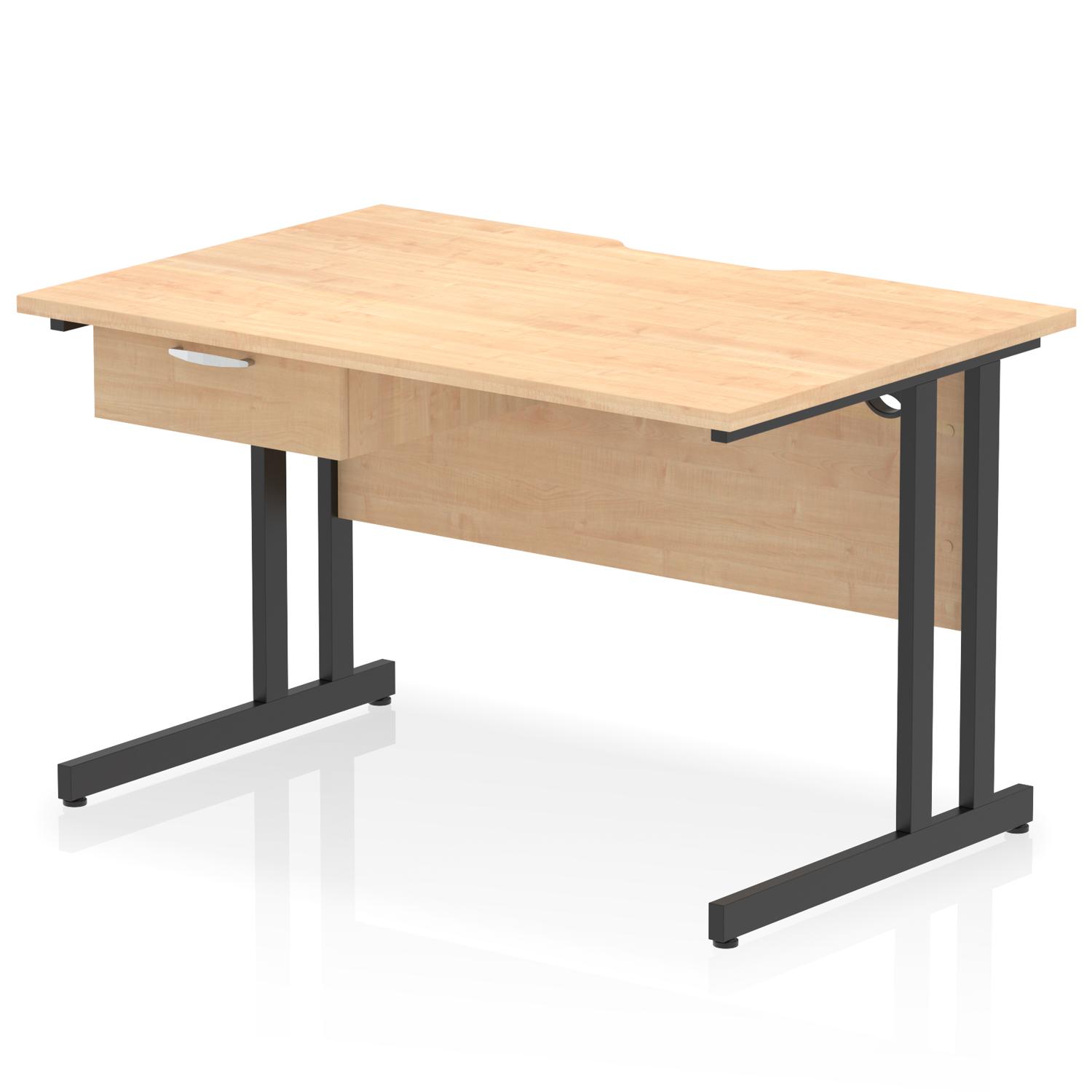 Impulse 1200 x 800mm Scalloped Edge Straight Office Desk Maple Top Black Cantilever Leg Workstation 1 x 1 Drawer Fixed Pedestal