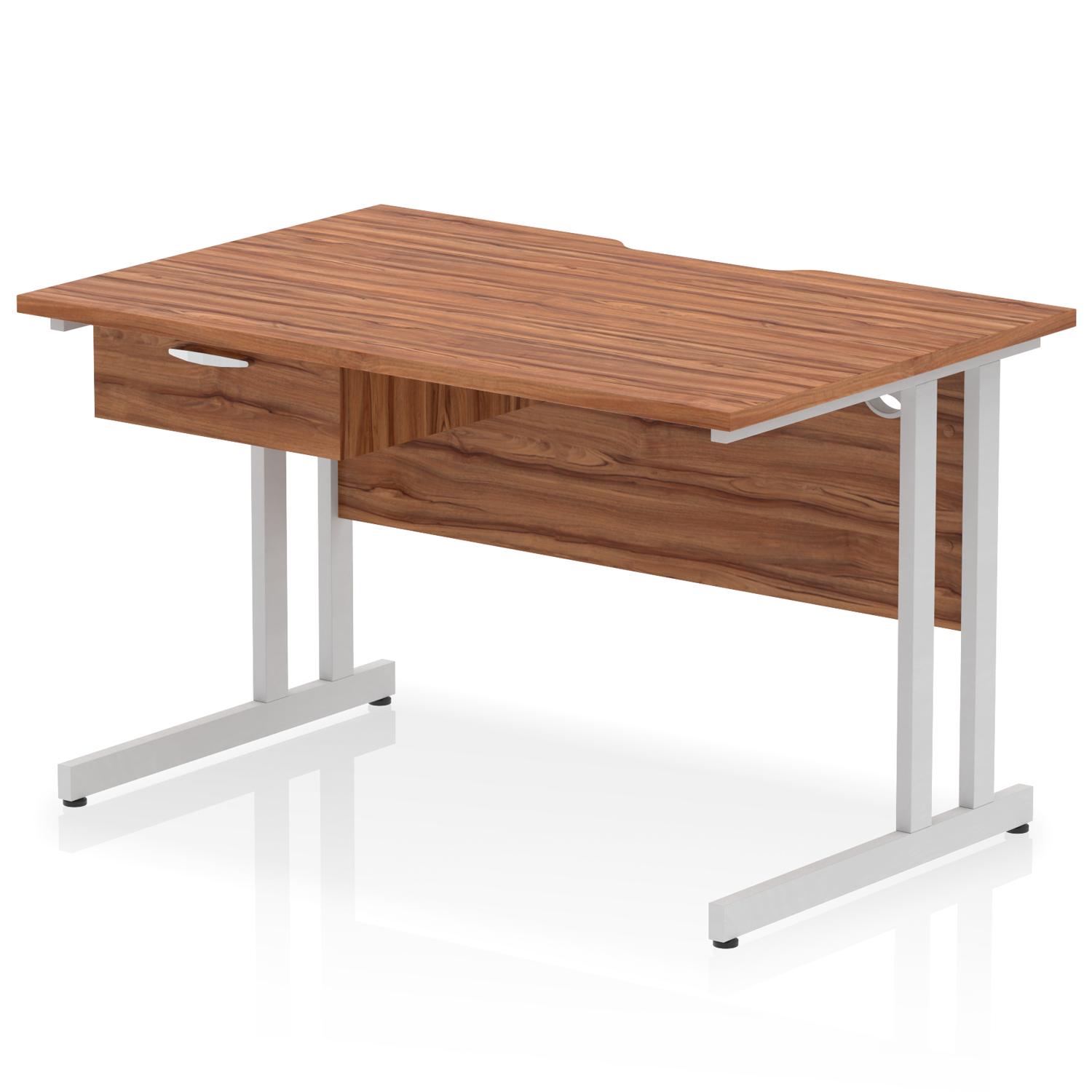 Impulse 1200 x 800mm Scalloped Edge Straight Office Desk Walnut Top Silver Cantilever Leg Workstation 1 x 1 Drawer Fixed Pedestal