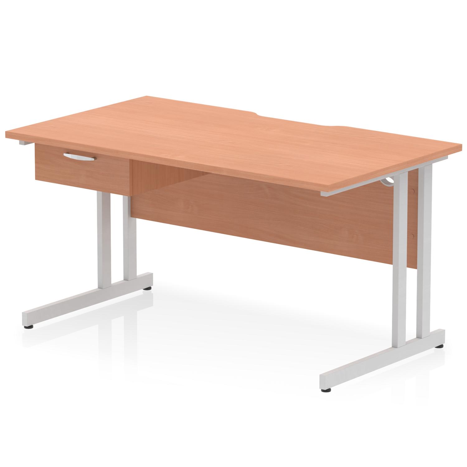 Impulse 1400 x 800mm Scalloped Edge Straight Office Desk Beech Top Silver Cantilever Leg Workstation 1 x 1 Drawer Fixed Pedestal