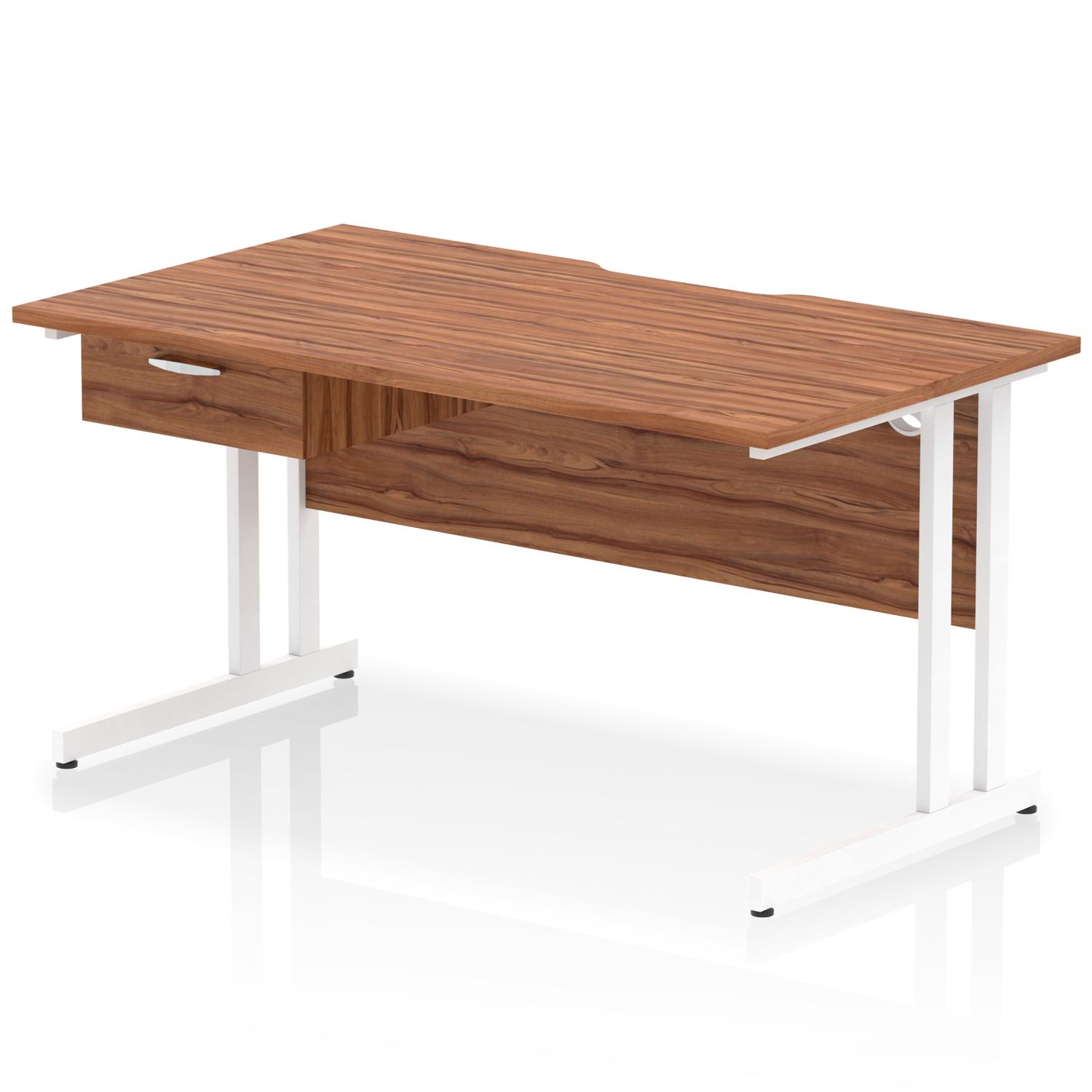 Impulse 1400 x 800mm Scalloped Edge Straight Office Desk Walnut Top White Cantilever Leg Workstation 1 x 1 Drawer Fixed Pedestal