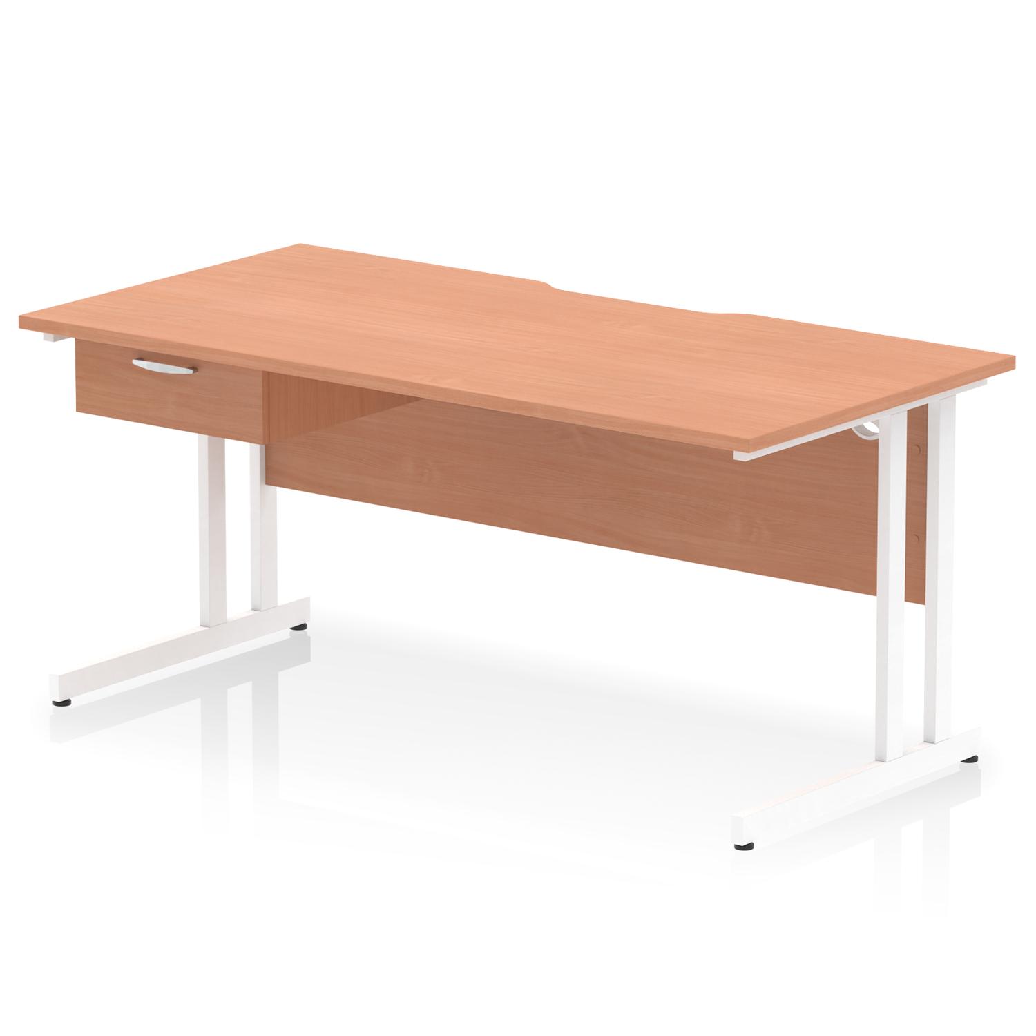 Impulse 1600 x 800mm Scalloped Edge Straight Office Desk Beech Top White Cantilever Leg Workstation 1 x 1 Drawer Fixed Pedestal