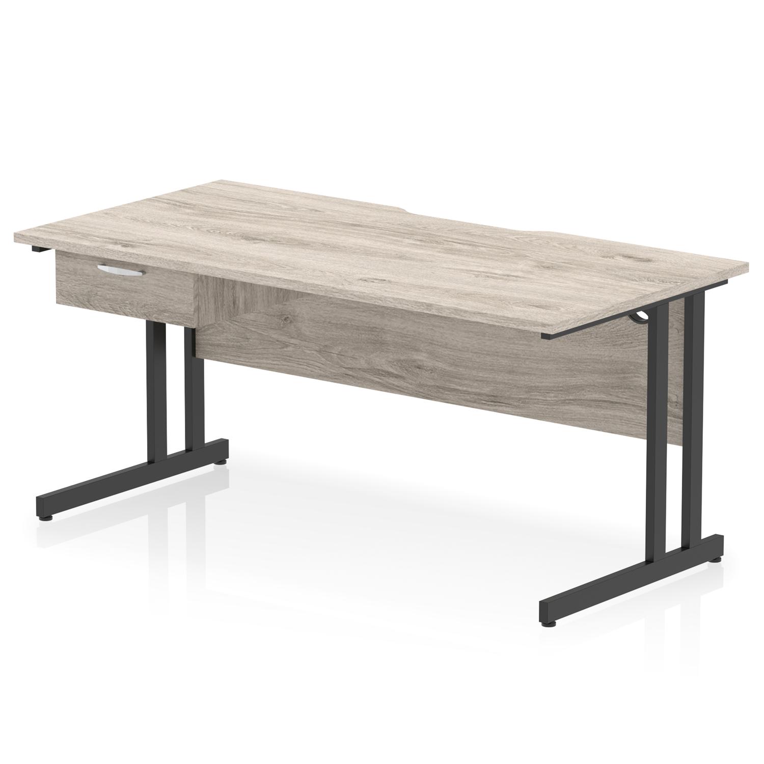 Impulse 1600 x 800mm Scalloped Edge Straight Office Desk Grey Oak Top Black Cantilever Leg Workstation 1 x 1 Drawer Fixed Pedestal