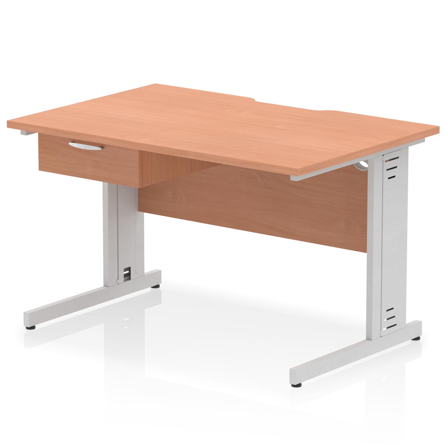 Impulse 1200 x 800mm Scalloped Edge Straight Office Desk Beech Top Silver Cable Managed Leg Workstation 1 x 1 Drawer Fixed Pedestal