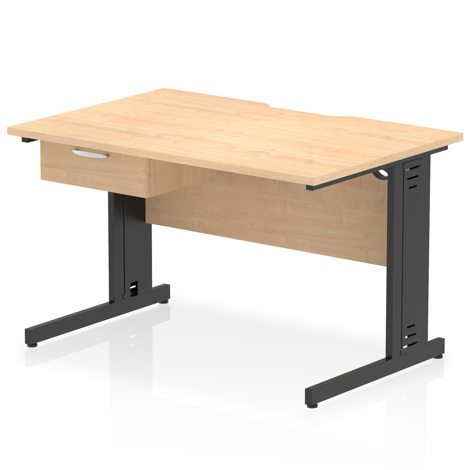 Impulse 1200 x 800mm Scalloped Edge Straight Office Desk Maple Top Black Cable Managed Leg Workstation 1 x 1 Drawer Fixed Pedestal