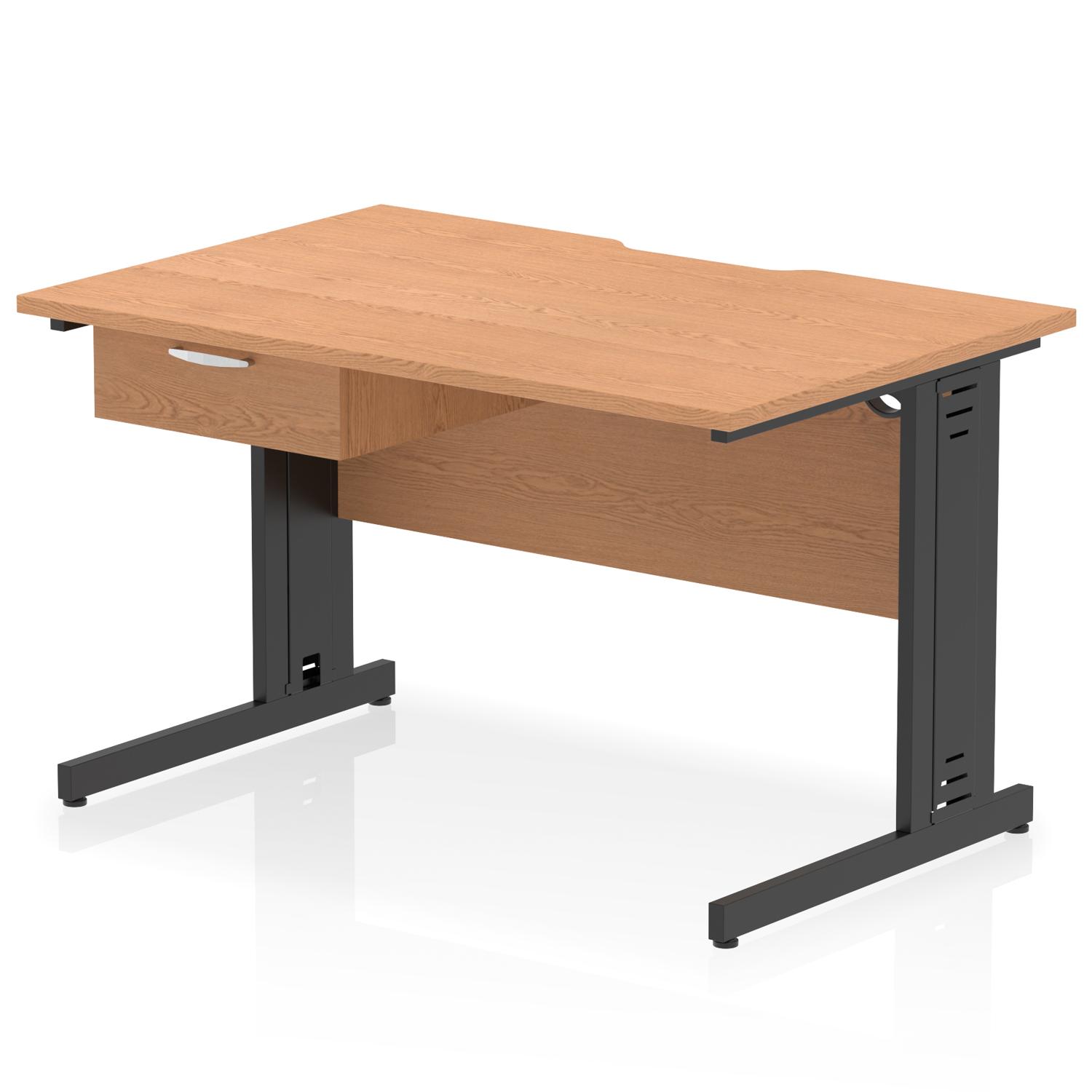 Impulse 1200 x 800mm Scalloped Edge Straight Office Desk Oak Top Black Cable Managed Leg Workstation 1 x 1 Drawer Fixed Pedestal