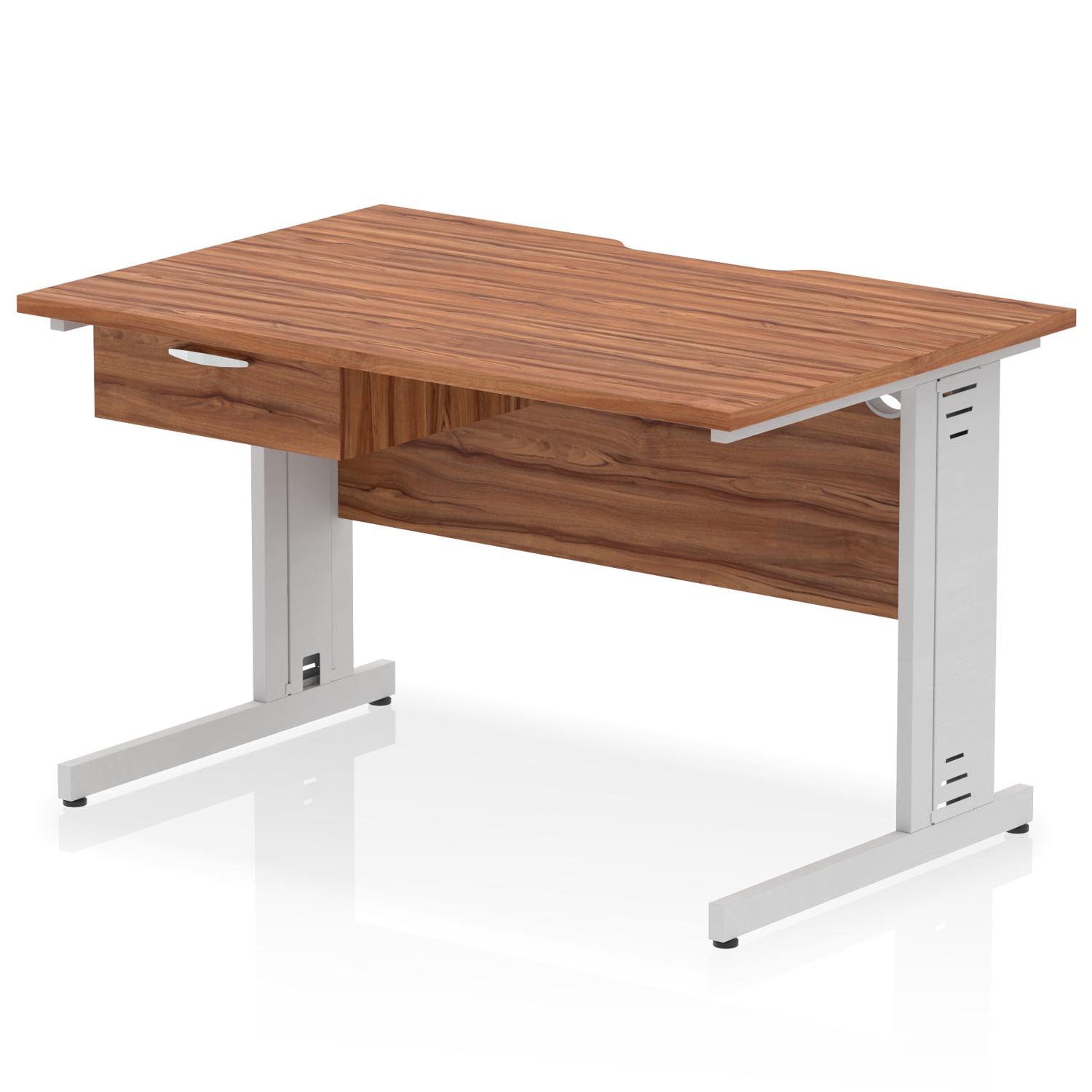 Impulse 1200 x 800mm Scalloped Edge Straight Office Desk Walnut Top Silver Cable Managed Leg Workstation 1 x 1 Drawer Fixed Pedestal