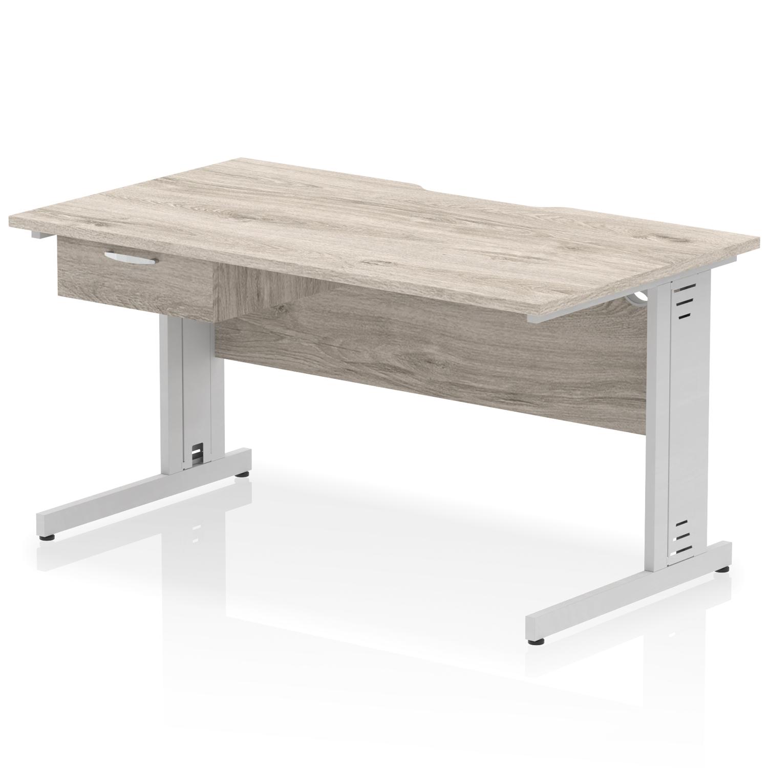 Impulse 1400 x 800mm Scalloped Edge Straight Office Desk Grey Oak Top Silver Cable Managed Leg Workstation 1 x 1 Drawer Fixed Pedestal