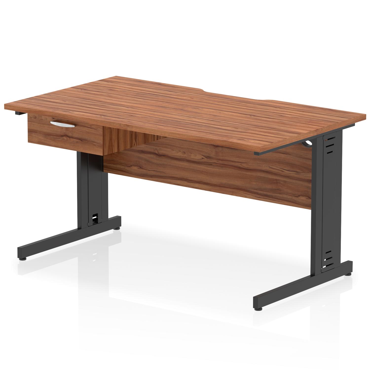 Impulse 1400 x 800mm Scalloped Edge Straight Office Desk Walnut Top Black Cable Managed Leg Workstation 1 x 1 Drawer Fixed Pedestal Impulse 1400 x 800mm Scalloped Edge Straight Office Desk Walnut Top Black Cable Managed Leg Workstation 1 x 1 Drawer Fixed Pedestal