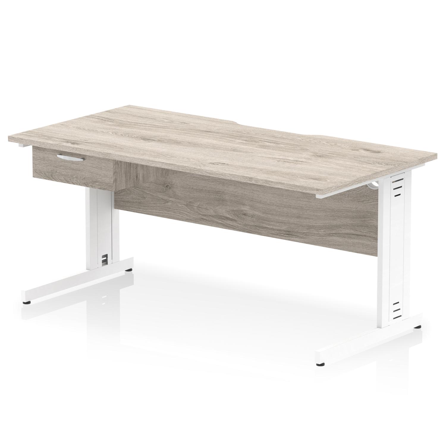 Impulse 1600 x 800mm Scalloped Edge Straight Office Desk Grey Oak Top White Cable Managed Leg Workstation 1 x 1 Drawer Fixed Pedestal