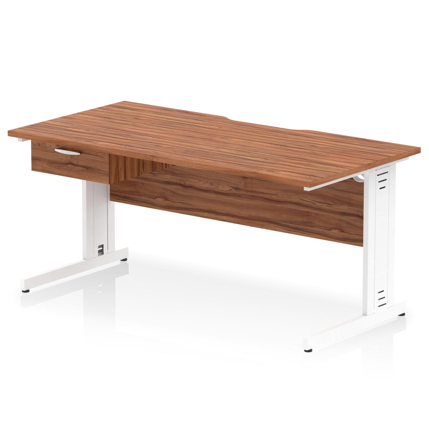 Impulse 1600 x 800mm Scalloped Edge Straight Office Desk Walnut Top White Cable Managed Leg Workstation 1 x 1 Drawer Fixed Pedestal