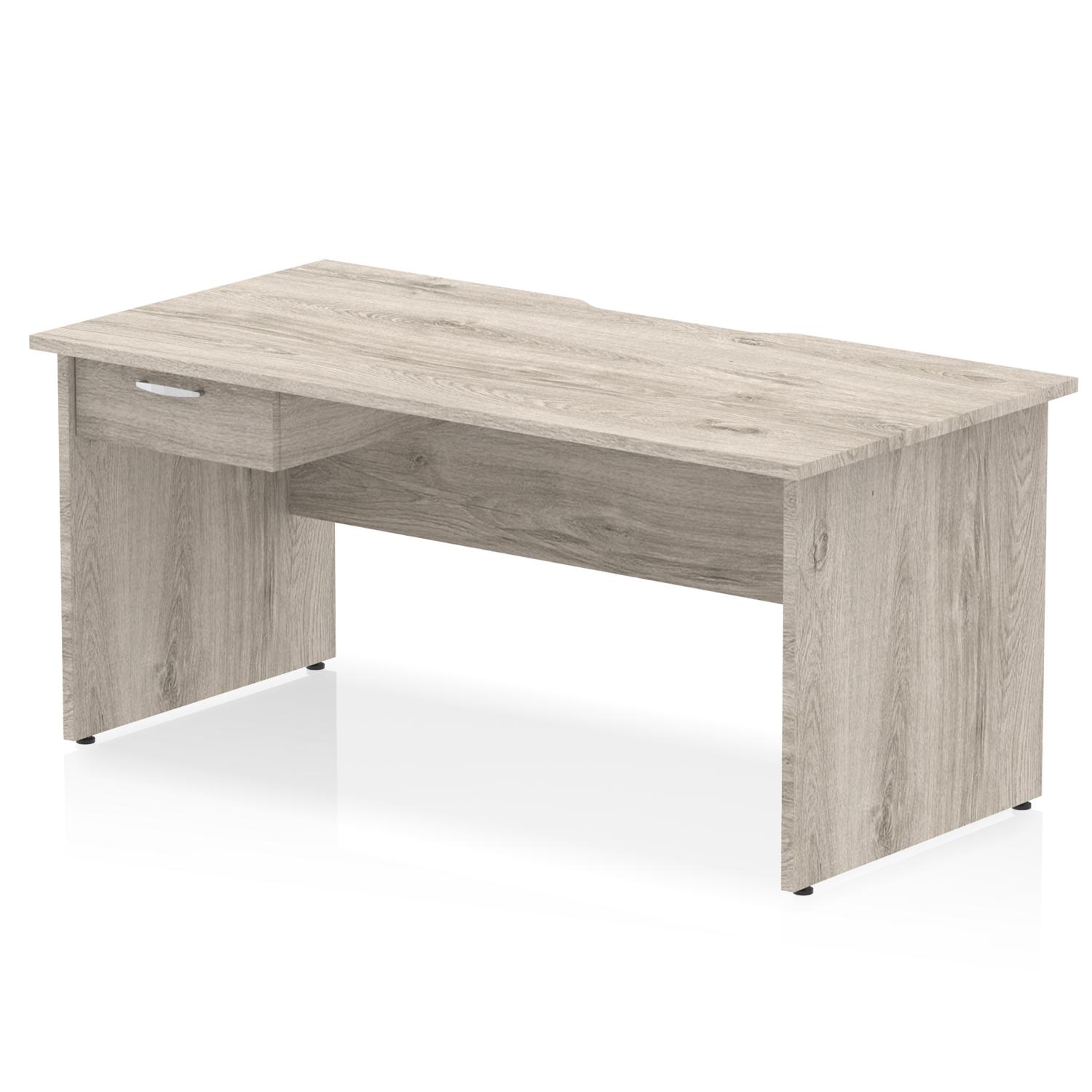 Impulse 1600 x 800mm Scalloped Edge Straight Office Desk Grey Oak Top Panel End Leg Workstation 1 x 1 Drawer Fixed Pedestal