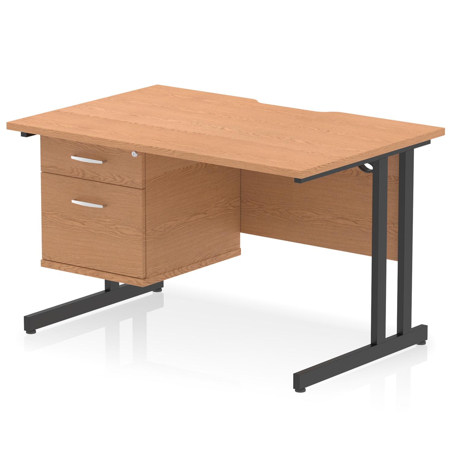 Impulse 1200 x 800mm Scalloped Edge Straight Office Desk Oak Top Black Cantilever Leg Workstation 1 x 2 Drawer Fixed Pedestal