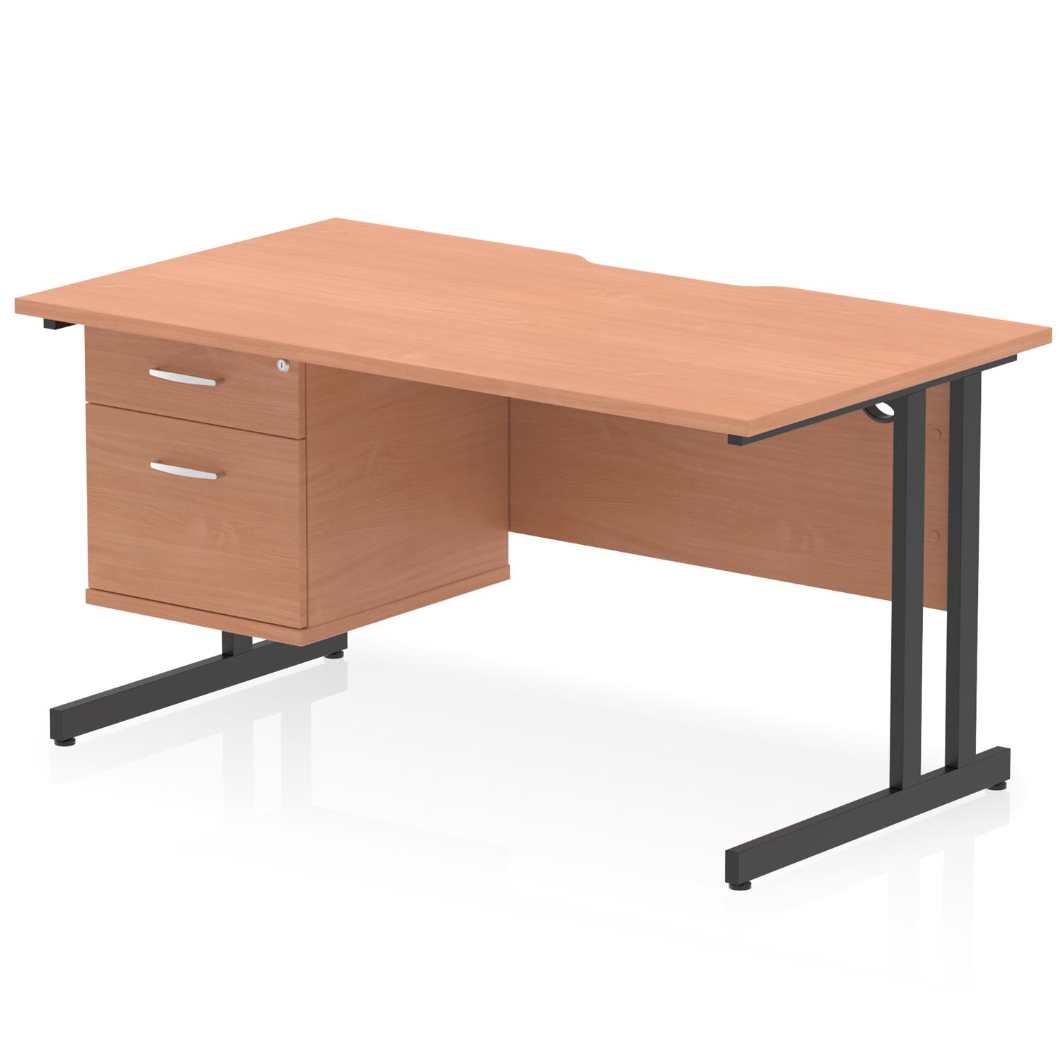 Impulse 1400 x 800mm Scalloped Edge Straight Office Desk Beech Top Black Cantilever Leg Workstation 1 x 2 Drawer Fixed Pedestal