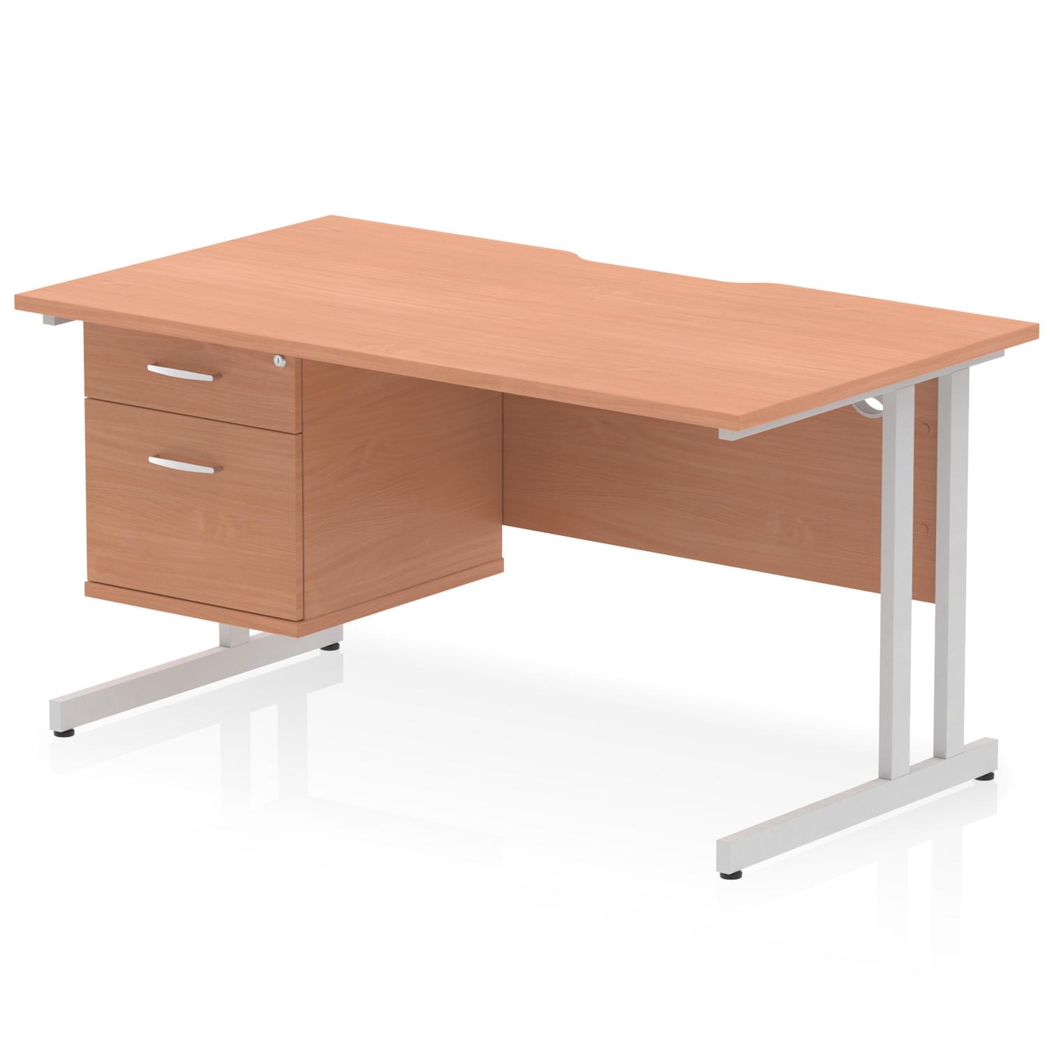 Impulse 1400 x 800mm Scalloped Edge Straight Office Desk Beech Top Silver Cantilever Leg Workstation 1 x 2 Drawer Fixed Pedestal