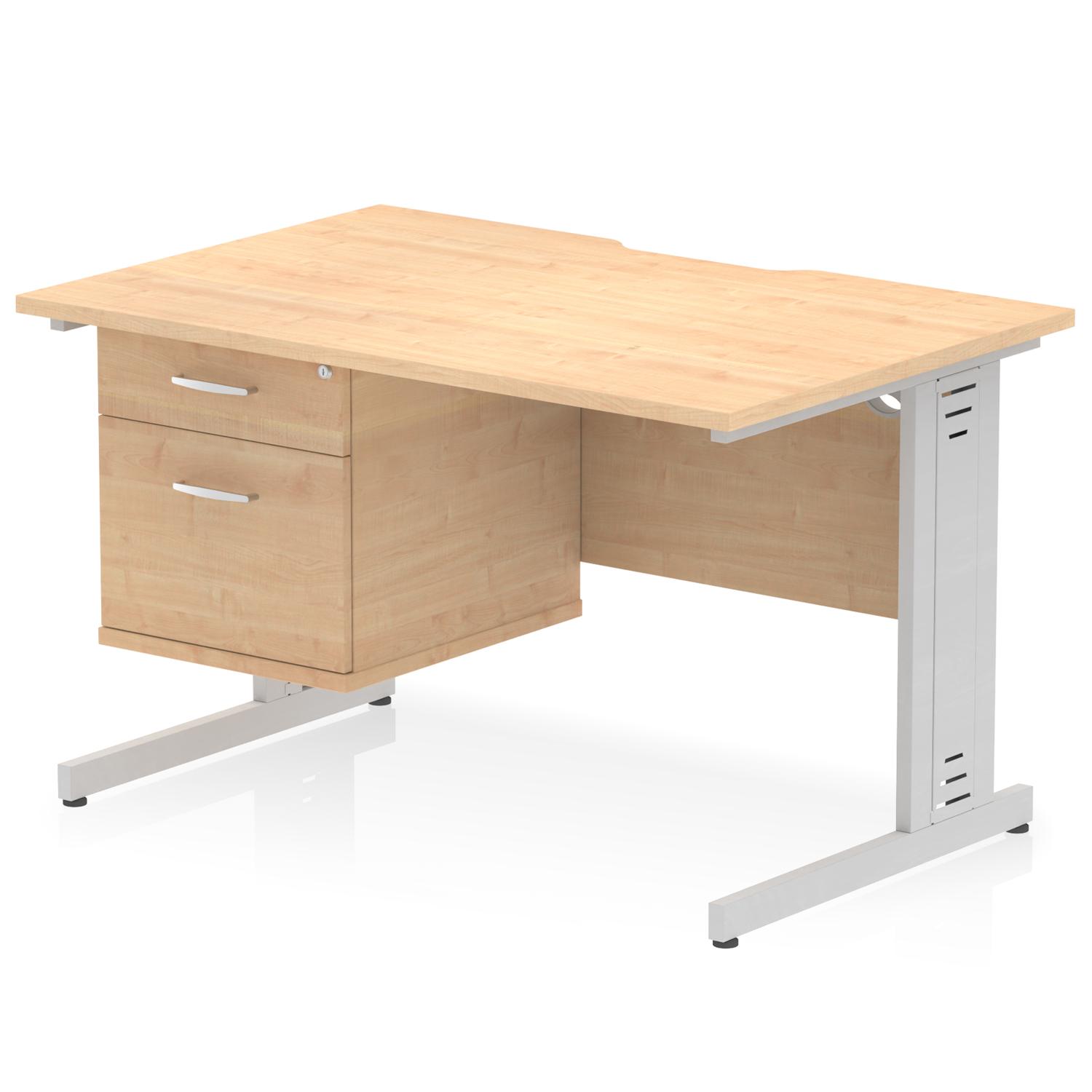 Impulse 1200 x 800mm Scalloped Edge Straight Office Desk Maple Top Silver Cable Managed Leg Workstation 1 x 2 Drawer Fixed Pedestal