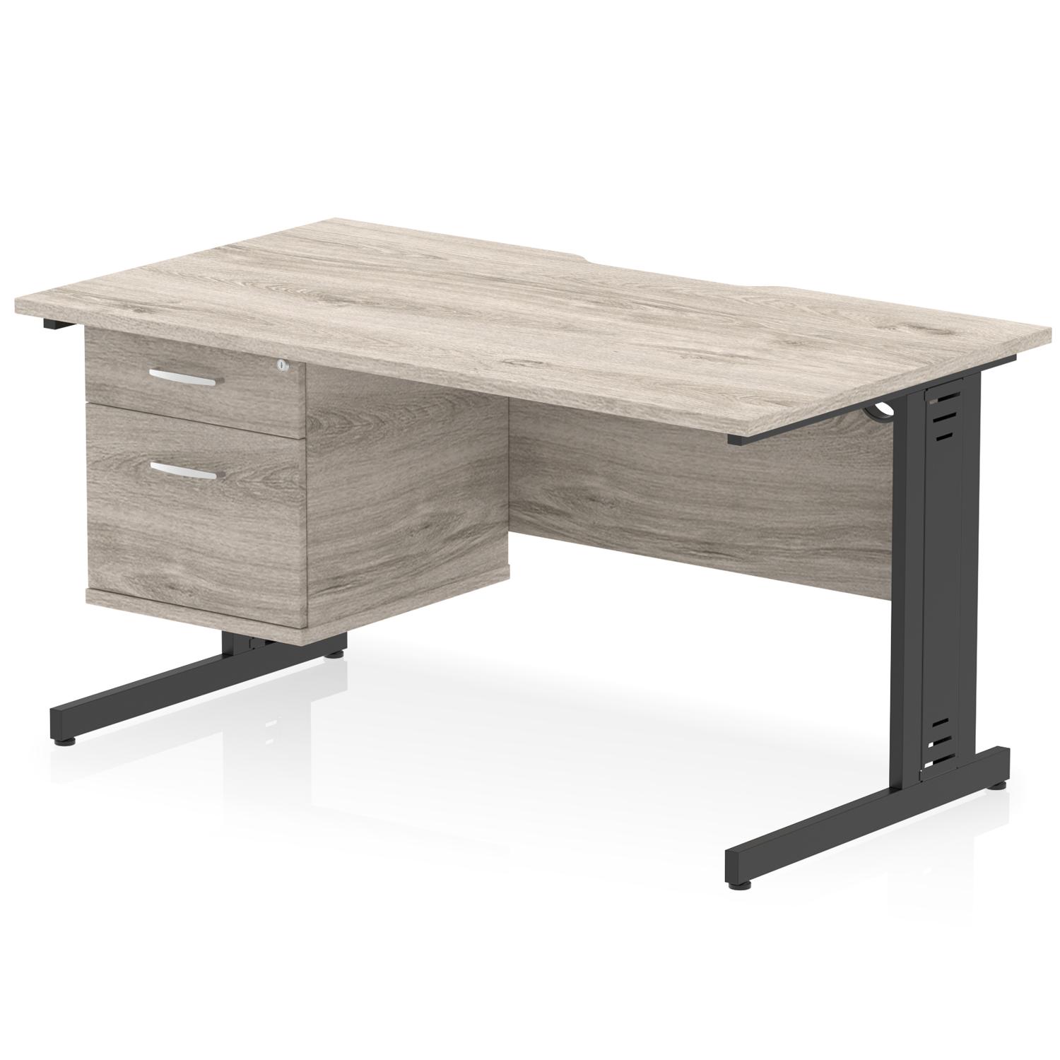Impulse 1400 x 800mm Scalloped Edge Straight Office Desk Grey Oak Top Black Cable Managed Leg Workstation 1 x 2 Drawer Fixed Pedestal