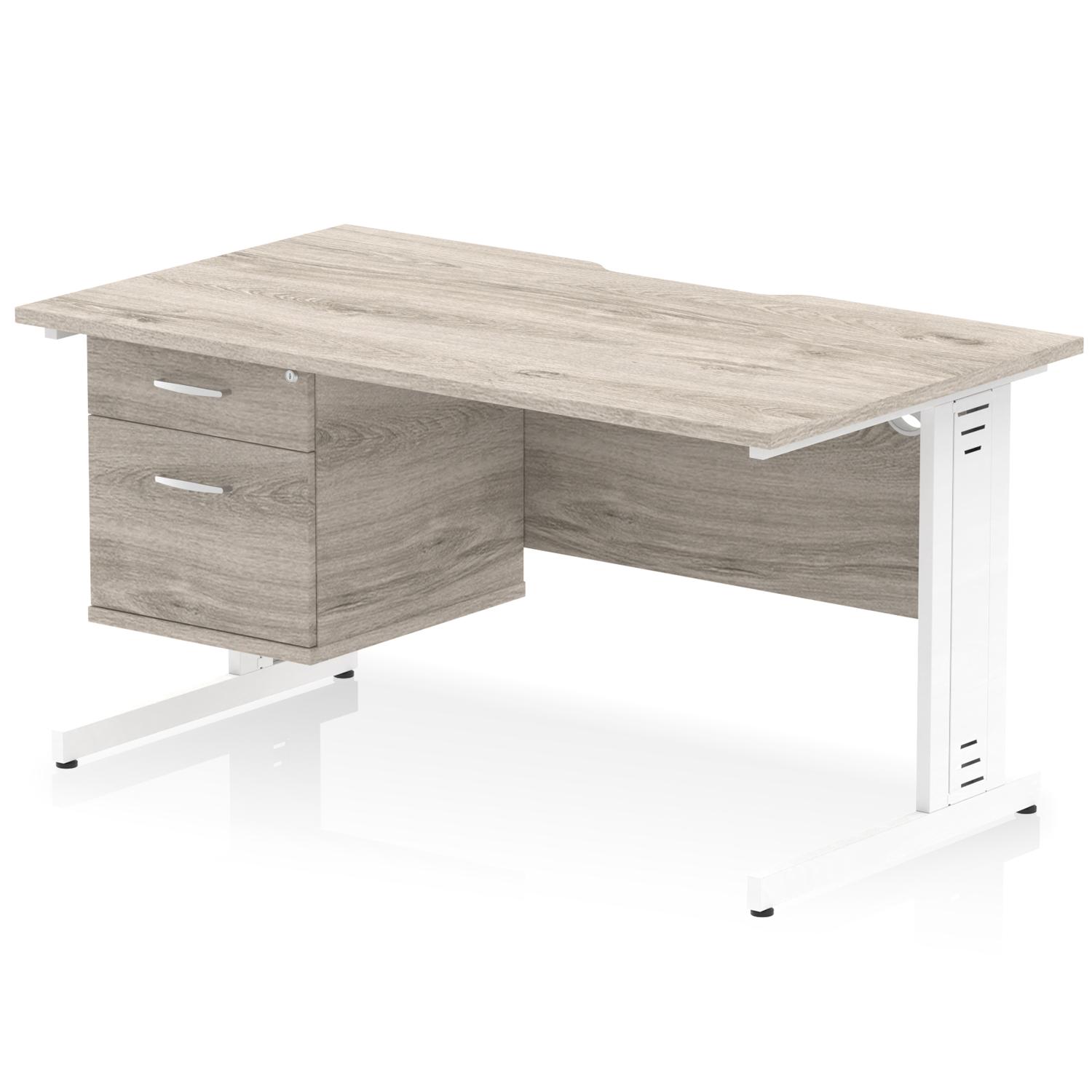 Impulse 1400 x 800mm Scalloped Edge Straight Office Desk Grey Oak Top White Cable Managed Leg Workstation 1 x 2 Drawer Fixed Pedestal