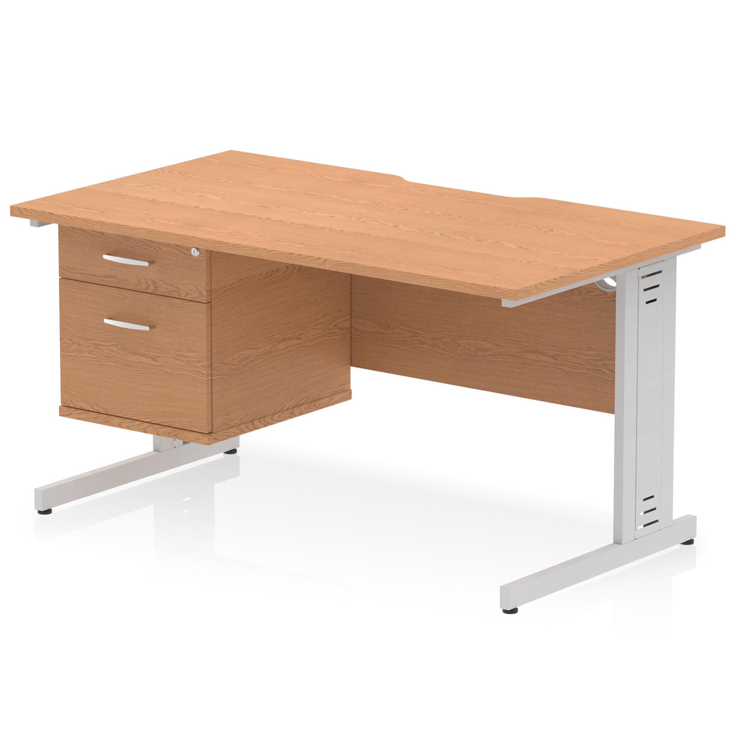Impulse 1400 x 800mm Scalloped Edge Straight Office Desk Oak Top Silver Cable Managed Leg Workstation 1 x 2 Drawer Fixed Pedestal