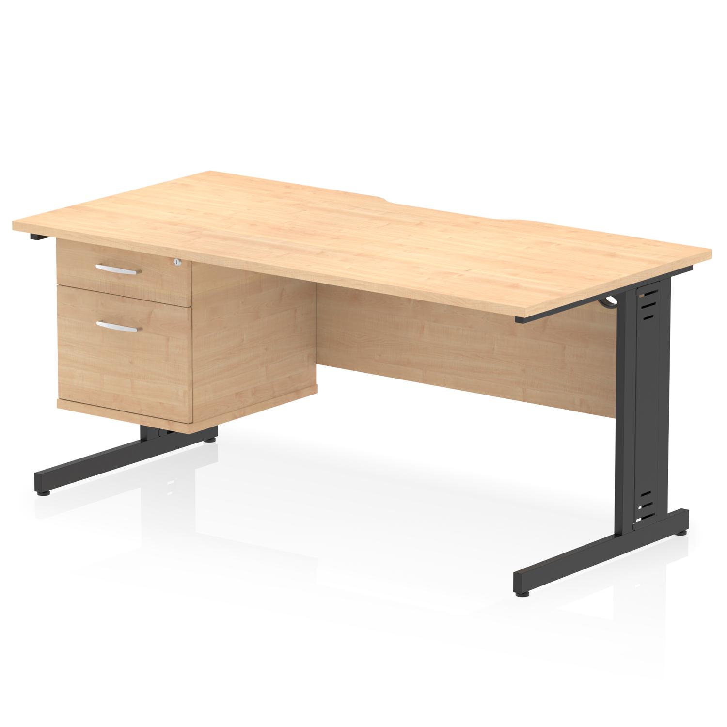 Impulse 1600 x 800mm Scalloped Edge Straight Office Desk Maple Top Black Cable Managed Leg Workstation 1 x 2 Drawer Fixed Pedestal