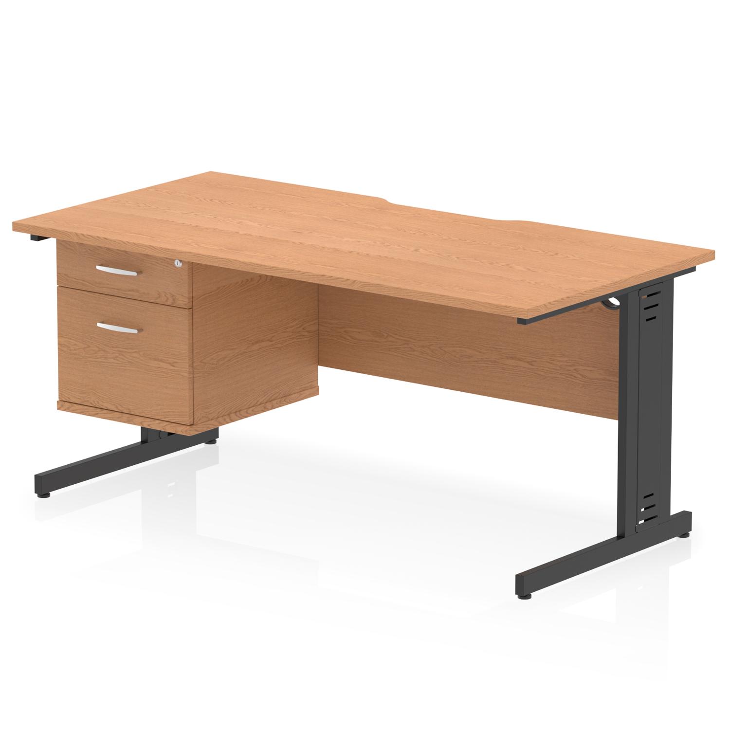 Impulse 1600 x 800mm Scalloped Edge Straight Office Desk Oak Top Black Cable Managed Leg Workstation 1 x 2 Drawer Fixed Pedestal