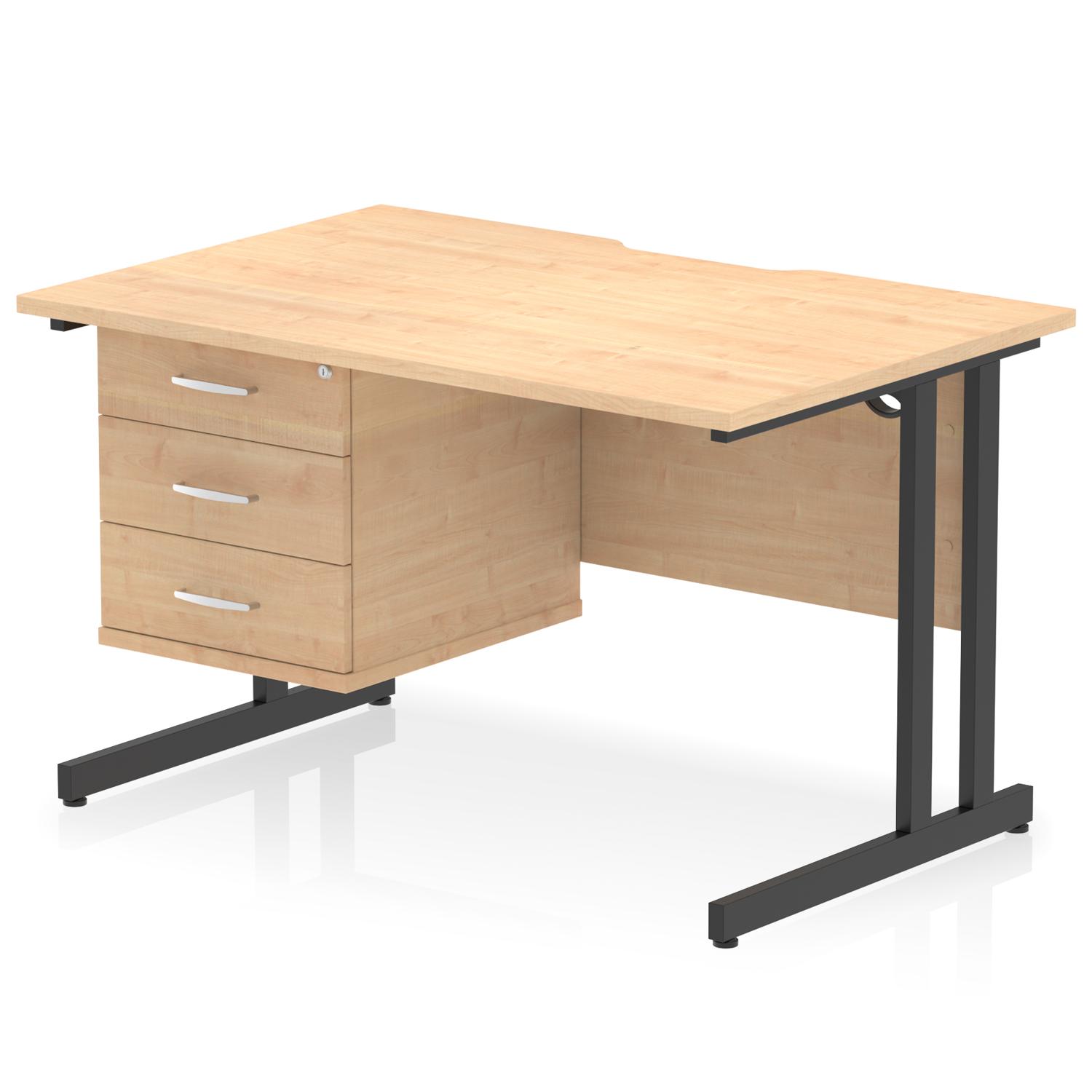Impulse 1200 x 800mm Scalloped Edge Straight Office Desk Maple Top Black Cantilever Leg Workstation 1 x 3 Drawer Fixed Pedestal