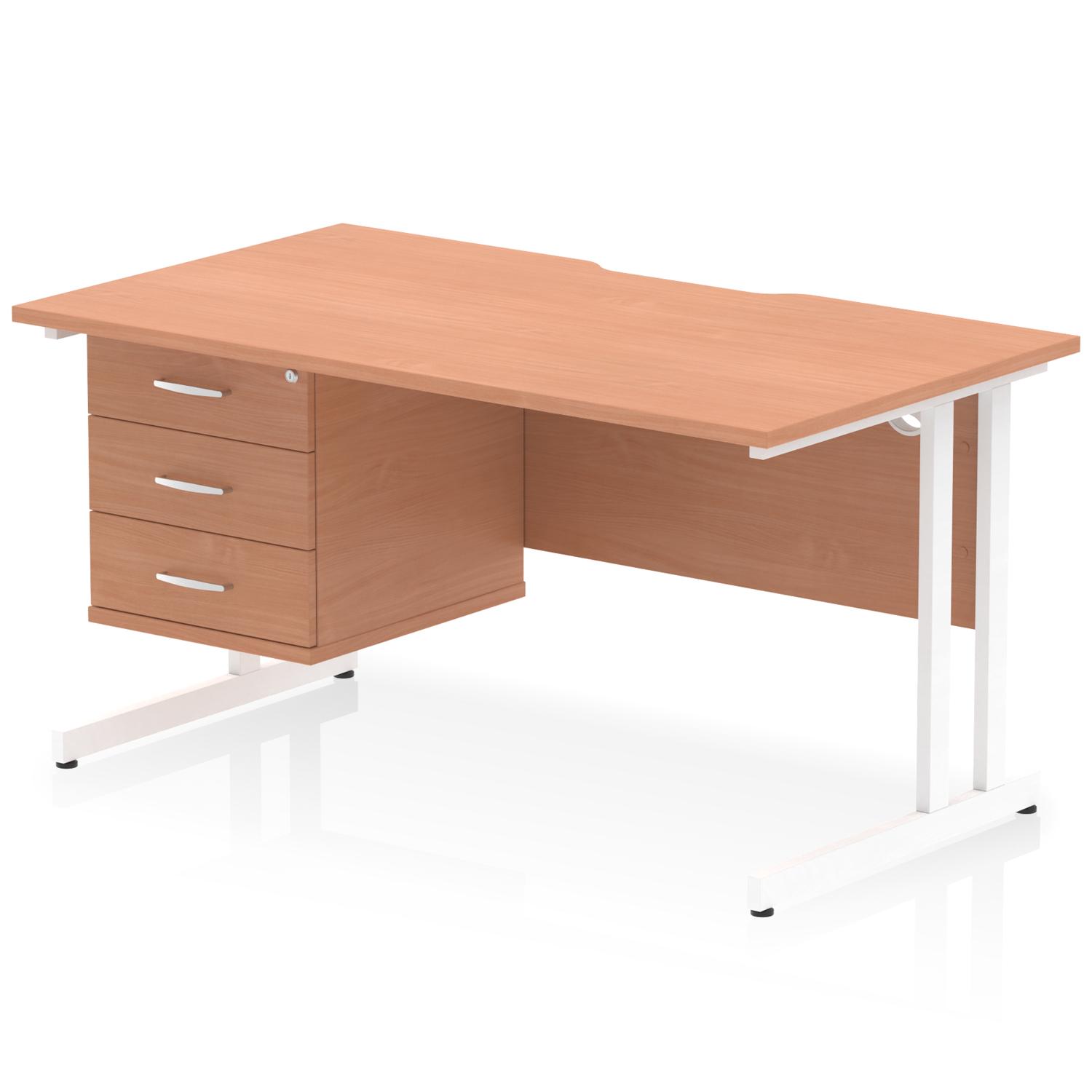 Impulse 1400 x 800mm Scalloped Edge Straight Office Desk Beech Top White Cantilever Leg Workstation 1 x 3 Drawer Fixed Pedestal