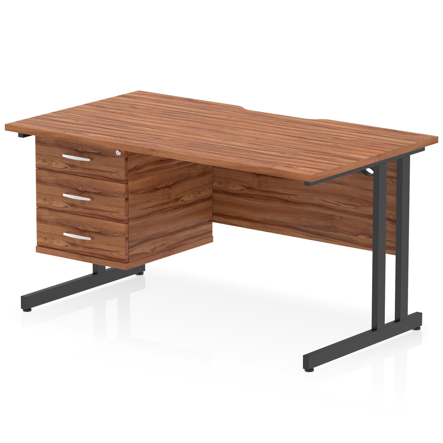 Impulse 1400 x 800mm Scalloped Edge Straight Office Desk Walnut Top Black Cantilever Leg Workstation 1 x 3 Drawer Fixed Pedestal