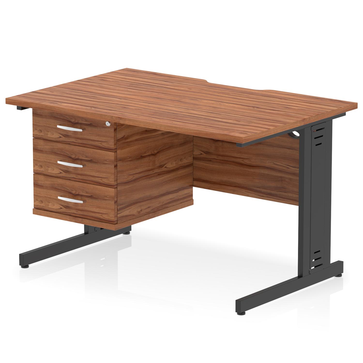 Impulse 1200 x 800mm Scalloped Edge Straight Office Desk Walnut Top Black Cable Managed Leg Workstation 1 x 3 Drawer Fixed Pedestal