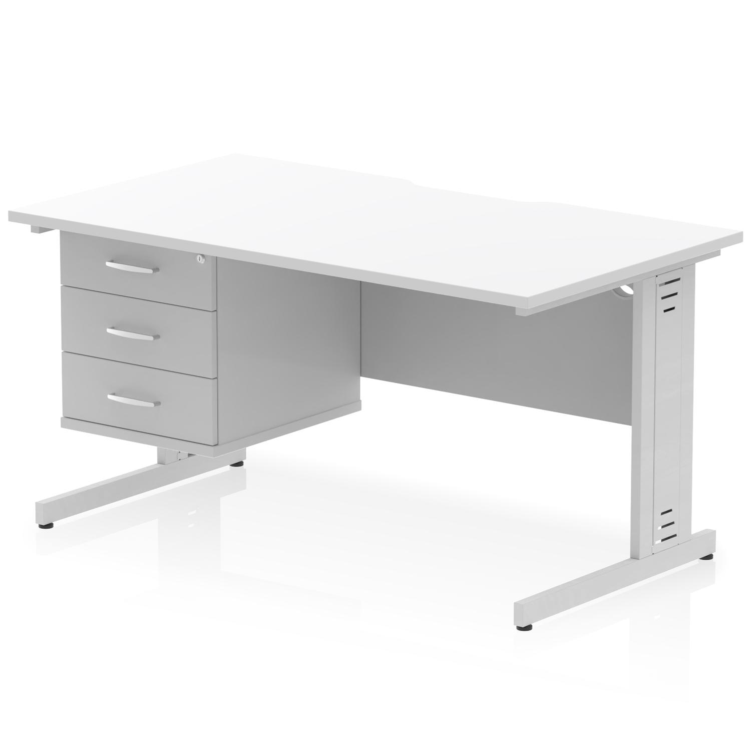 Impulse 1400 x 800mm Scalloped Edge Straight Office Desk White Top Silver Cable Managed Leg Workstation 1 x 3 Drawer Fixed Pedestal