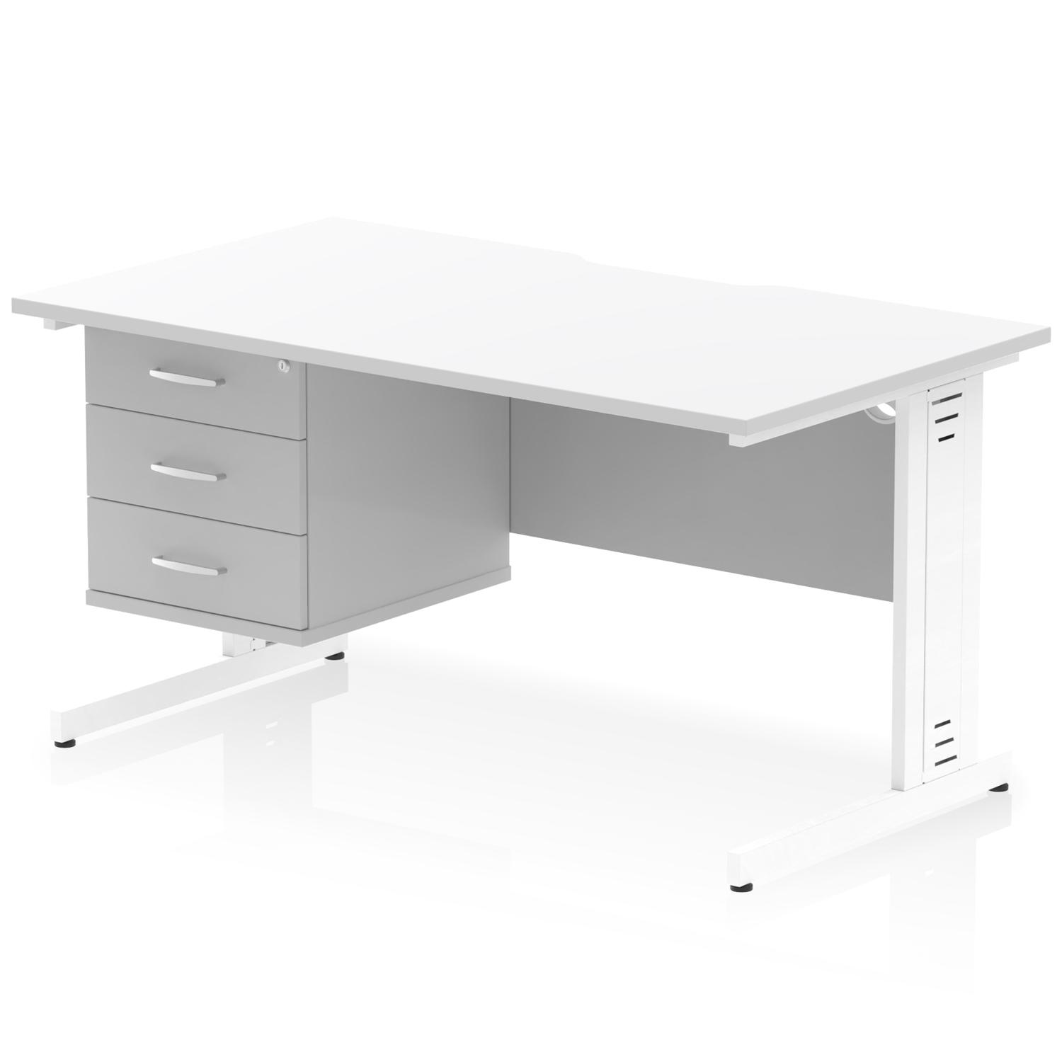 Impulse 1400 x 800mm Scalloped Edge Straight Office Desk White Top White Cable Managed Leg Workstation 1 x 3 Drawer Fixed Pedestal