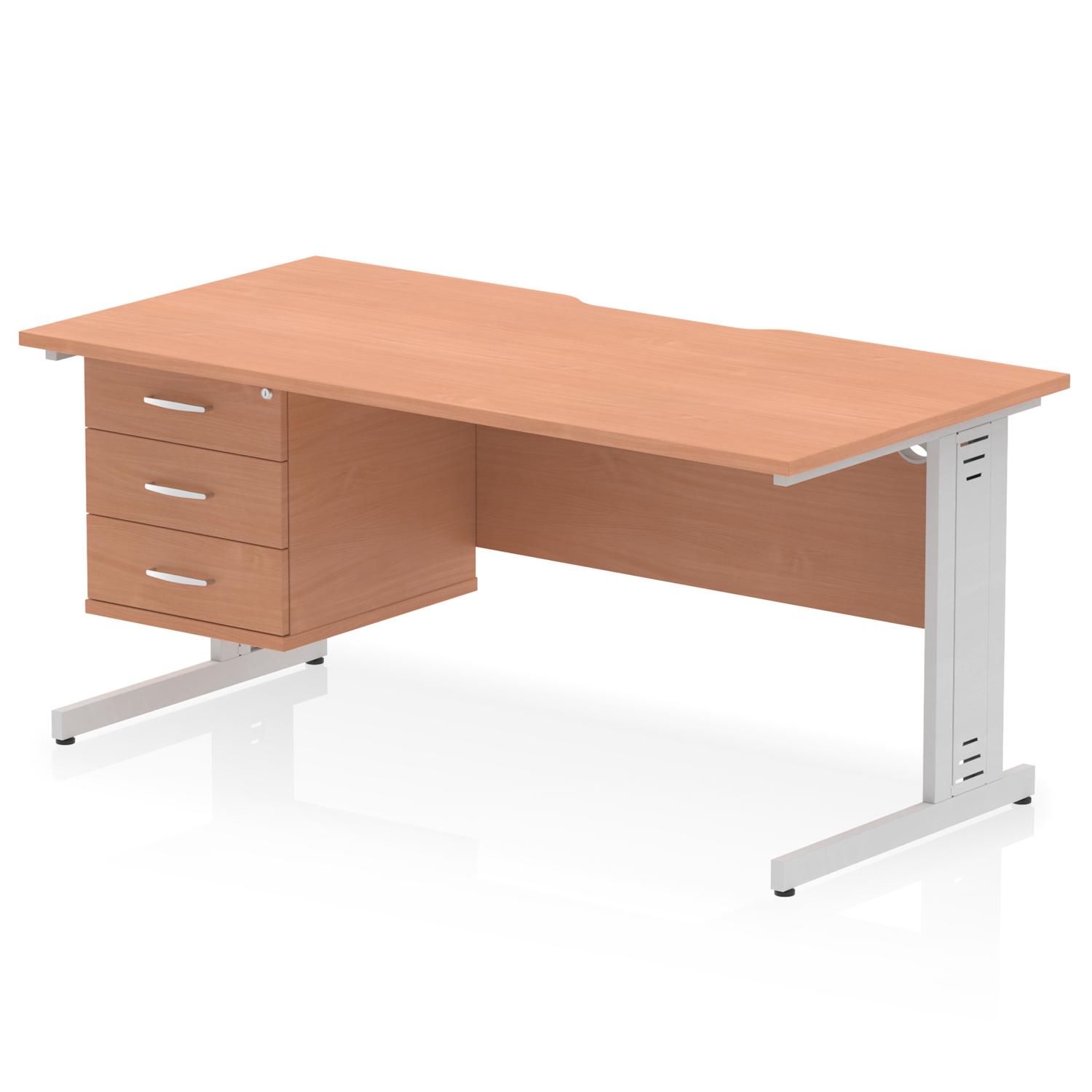 Impulse 1600 x 800mm Scalloped Edge Straight Office Desk Beech Top Silver Cable Managed Leg Workstation 1 x 3 Drawer Fixed Pedestal