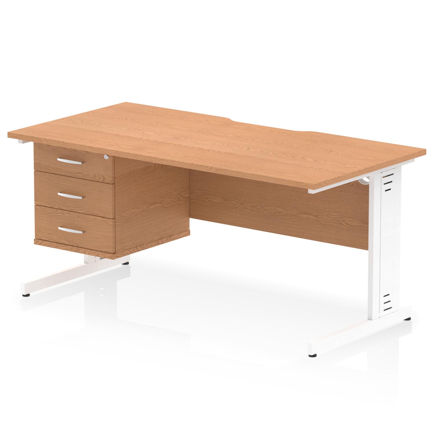Impulse 1600 x 800mm Scalloped Edge Straight Office Desk Oak Top White Cable Managed Leg Workstation 1 x 3 Drawer Fixed Pedestal