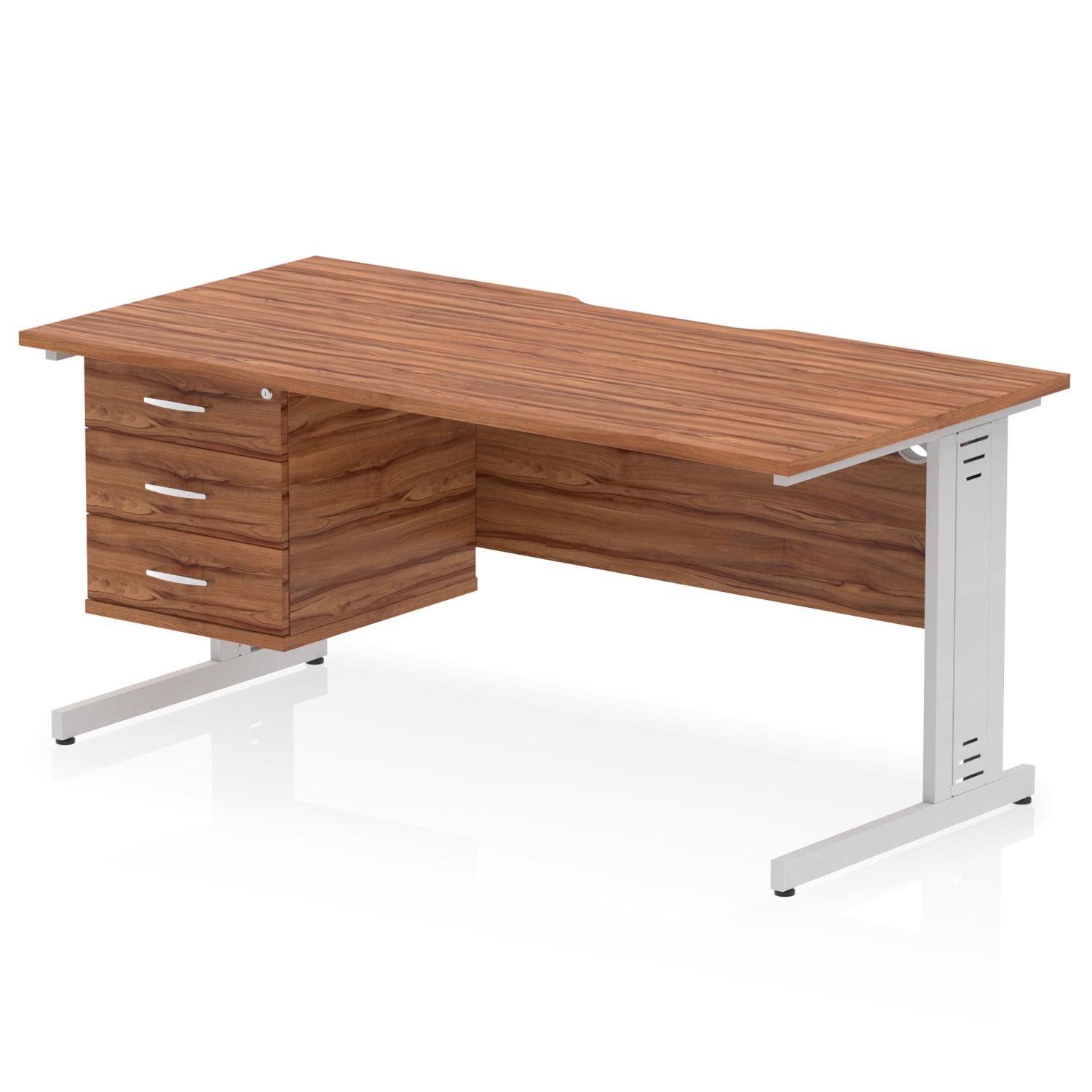 Impulse 1600 x 800mm Scalloped Edge Straight Office Desk Walnut Top Silver Cable Managed Leg Workstation 1 x 3 Drawer Fixed Pedestal