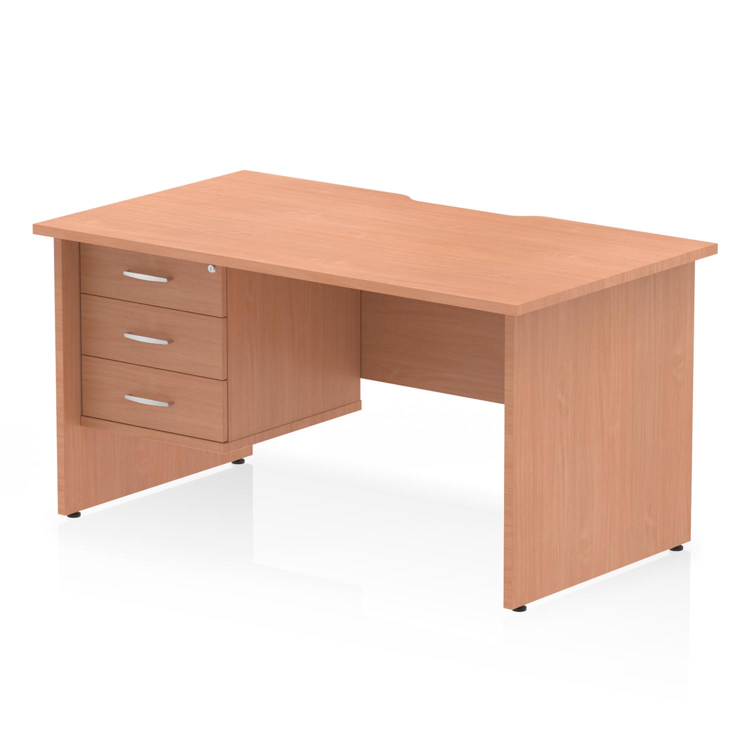 Impulse 1400 x 800mm Scalloped Edge Straight Office Desk Beech Top Panel End Leg Workstation 1 x 3 Drawer Fixed Pedestal