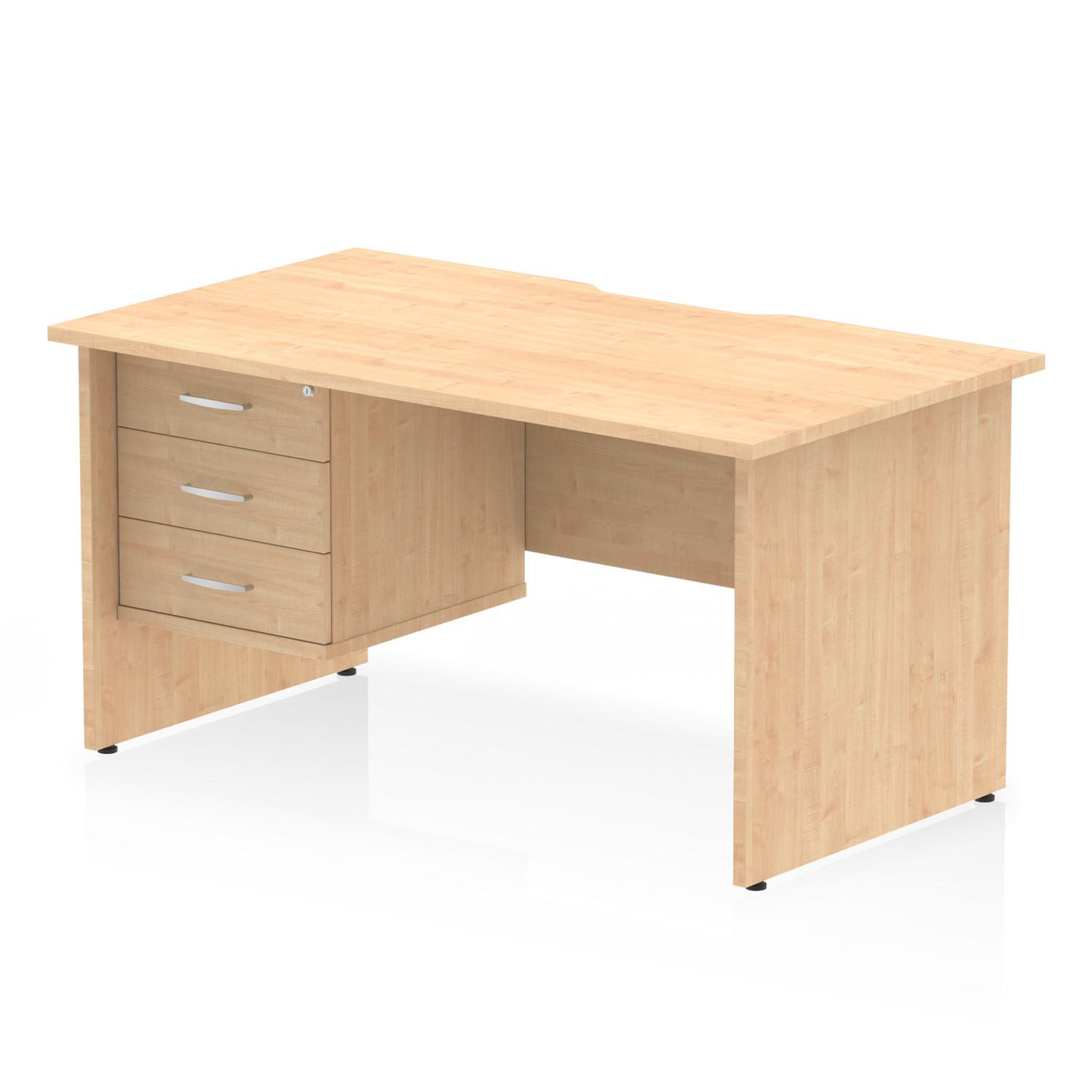 Impulse 1400 x 800mm Scalloped Edge Straight Office Desk Maple Top Panel End Leg Workstation 1 x 3 Drawer Fixed Pedestal