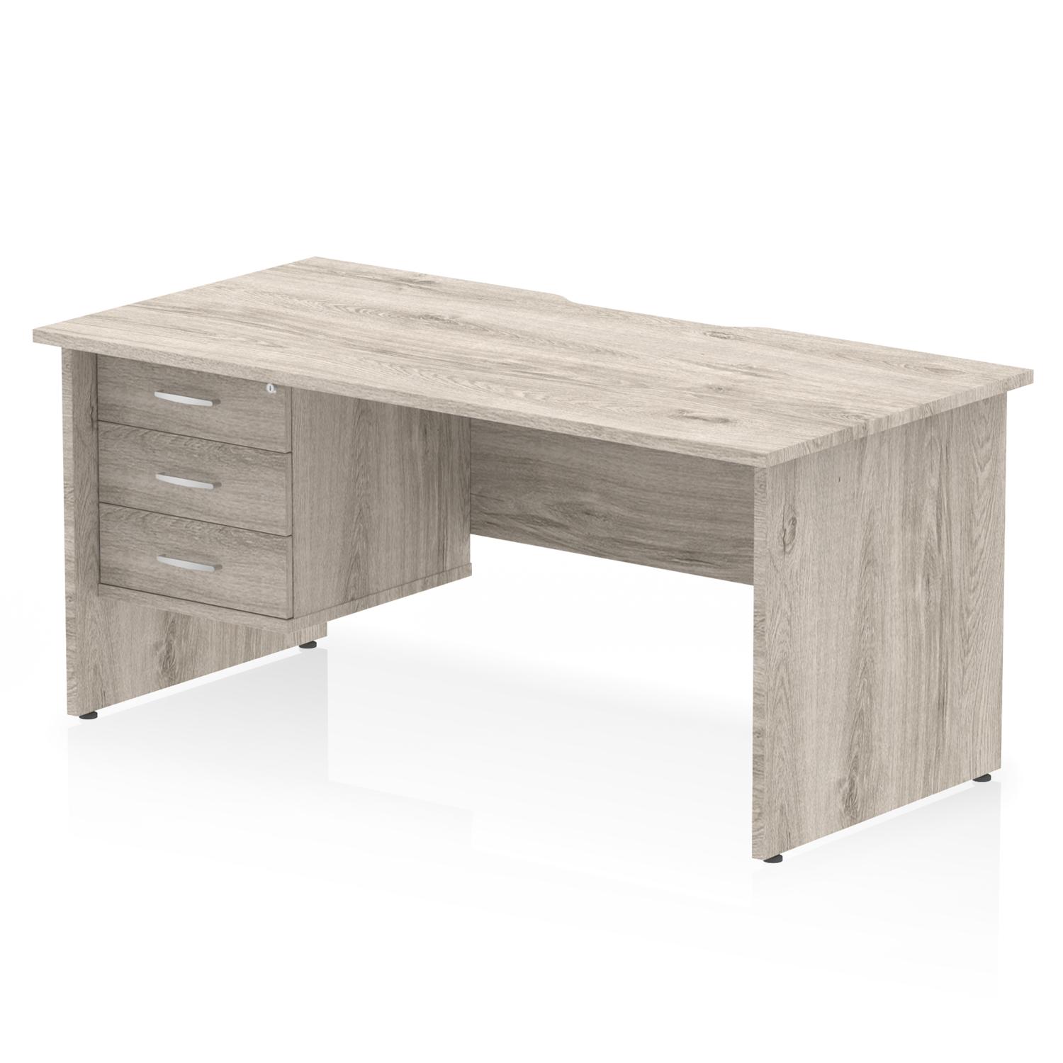 Impulse 1600 x 800mm Scalloped Edge Straight Office Desk Grey Oak Top Panel End Leg Workstation 1 x 3 Drawer Fixed Pedestal