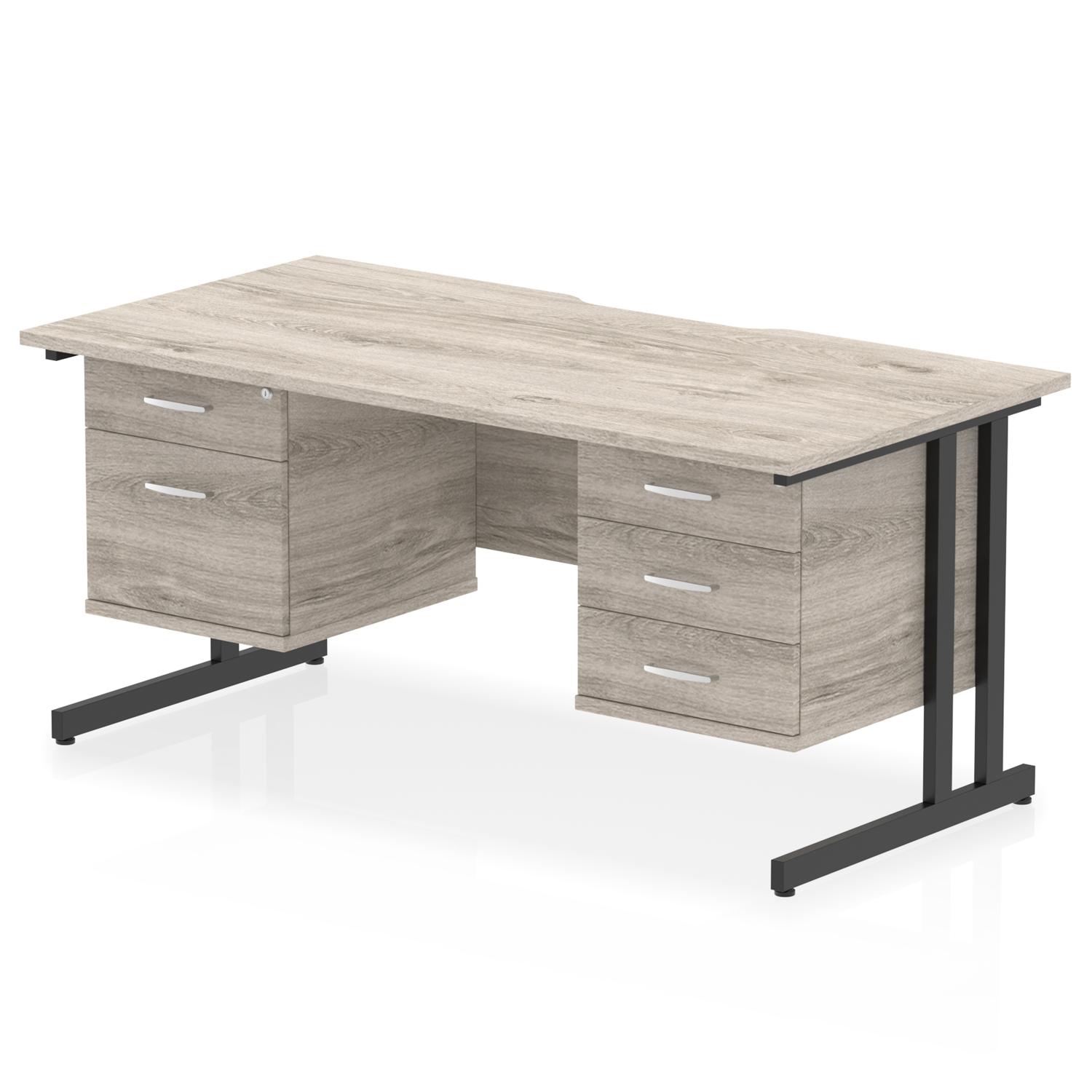 Impulse 1600 x 800mm Scalloped Edge Straight Office Desk Grey Oak Top Black Cantilever Leg Workstation 1 x 2 Drawer 1 x 3 Drawer Fixed Pedestal