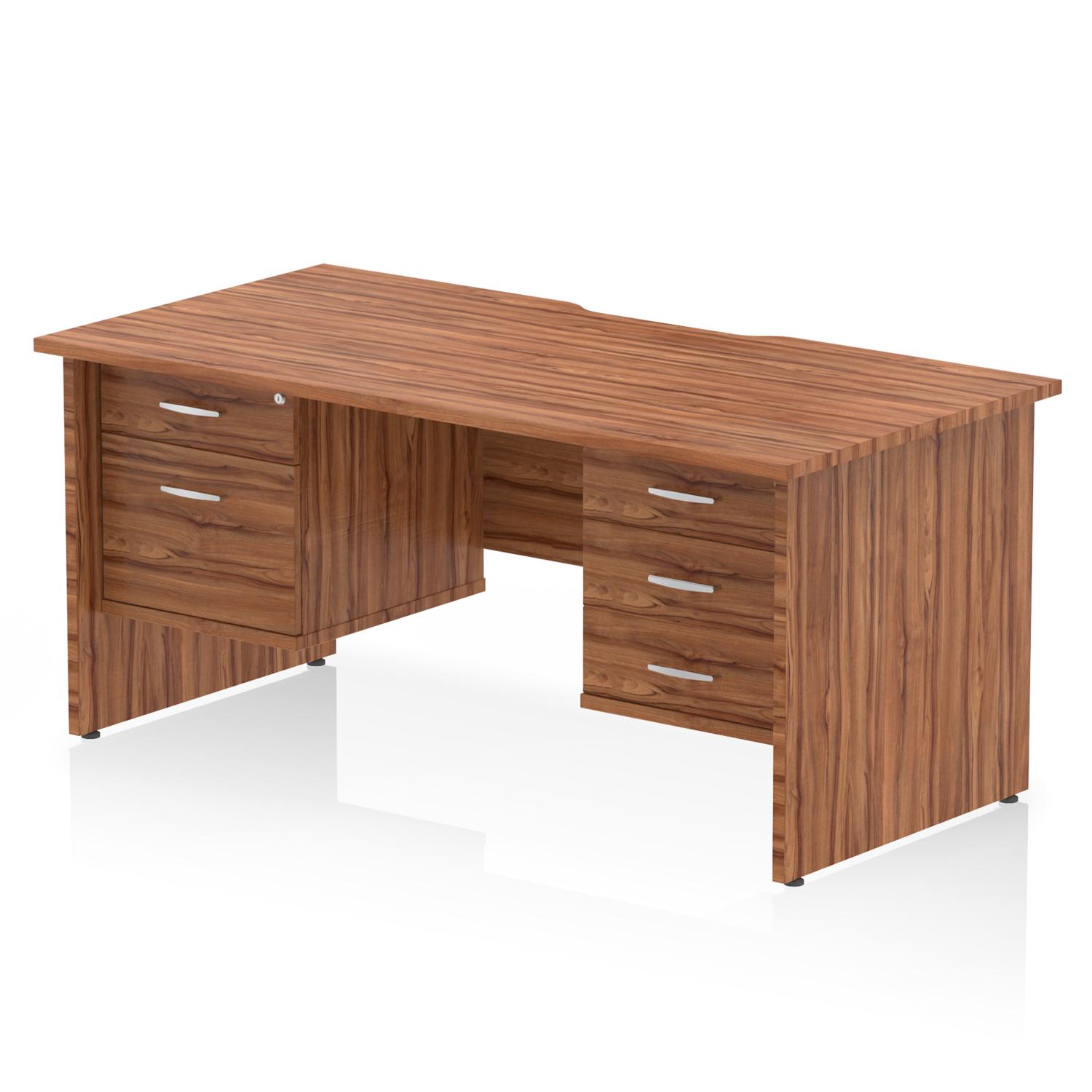Impulse 1600 x 800mm Scalloped Edge Straight Office Desk Walnut Top Panel End Leg Workstation 1 x 2 Drawer 1 x 3 Drawer Fixed Pedestal