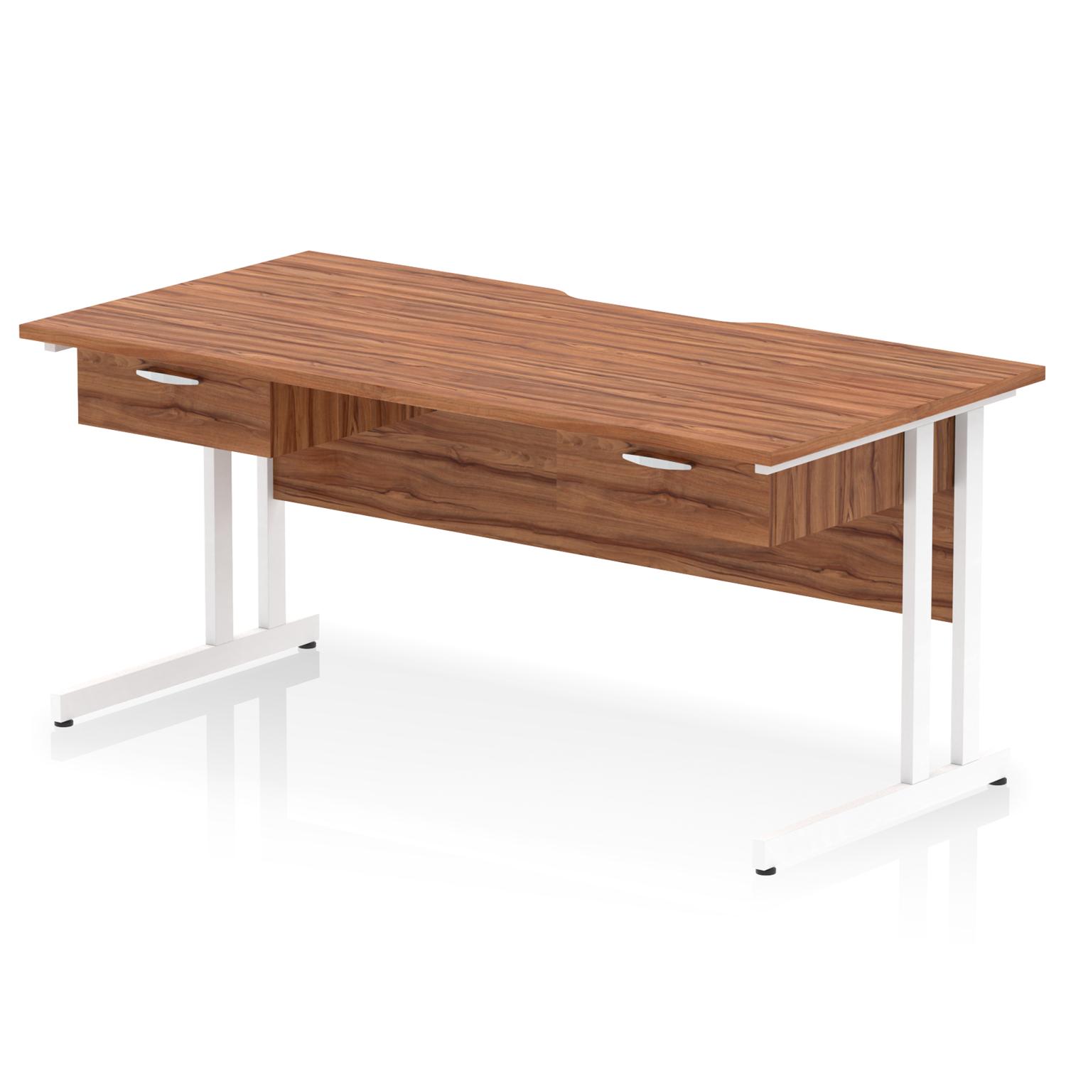 Impulse 1600 x 800mm Scalloped Edge Straight Office Desk Walnut Top White Cantilever Leg Workstation 2 x 1 Drawer Fixed Pedestal
