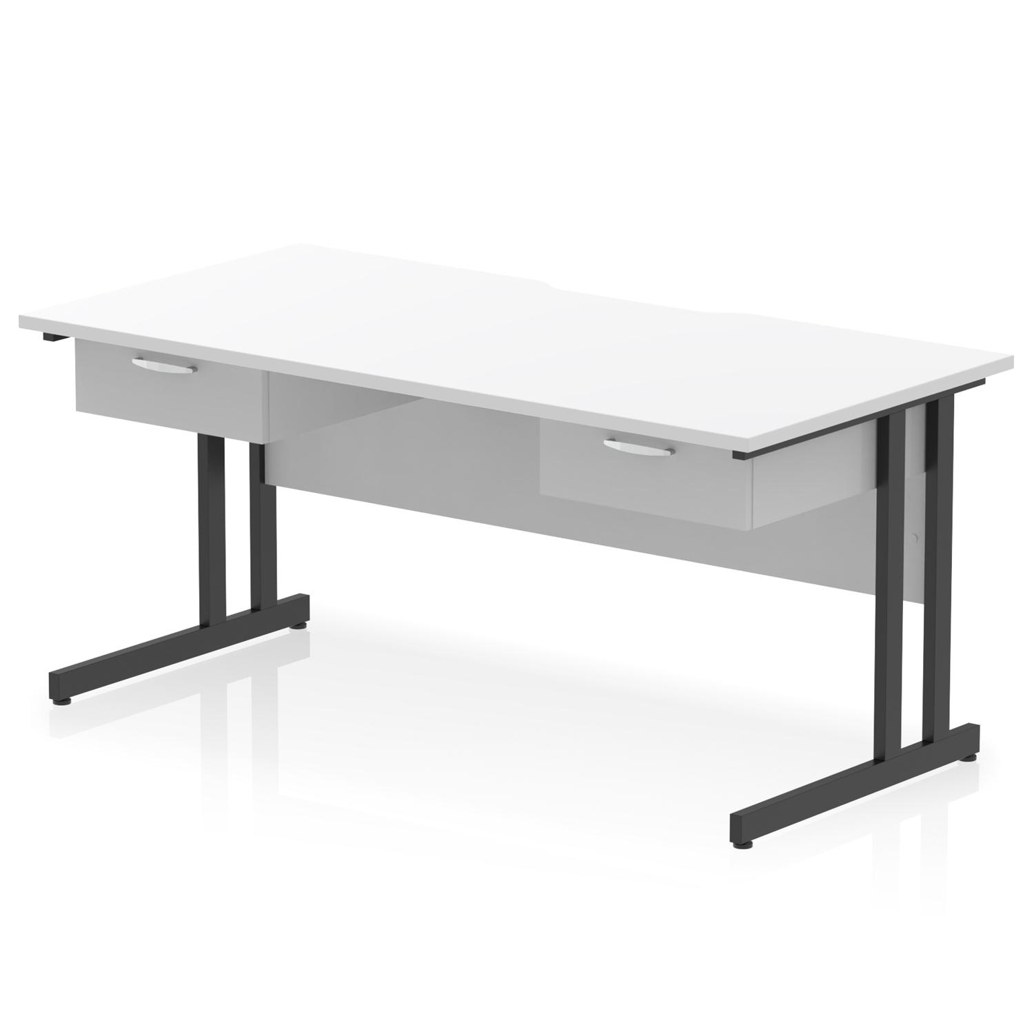Impulse 1600 x 800mm Scalloped Edge Straight Office Desk White Top Black Cantilever Leg Workstation 2 x 1 Drawer Fixed Pedestal